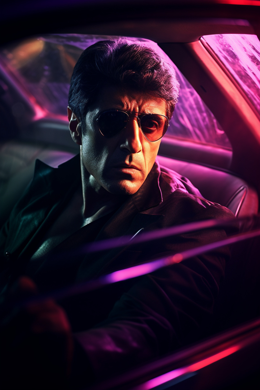 Tony Montana escape, Action-packed pursuit, Luxury vehicle, Miami chase, Thrilling action, HD Phone Image