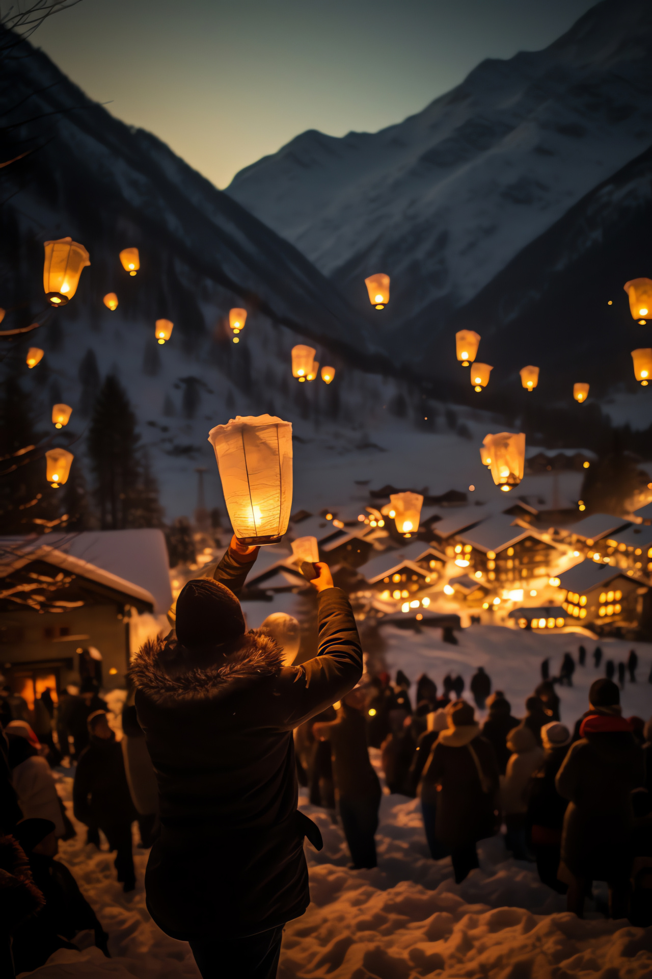 Winter Solstice, Obergurgl tradition, Tyrolean village, Evening lantern procession, Alpine festivities, HD Phone Wallpaper