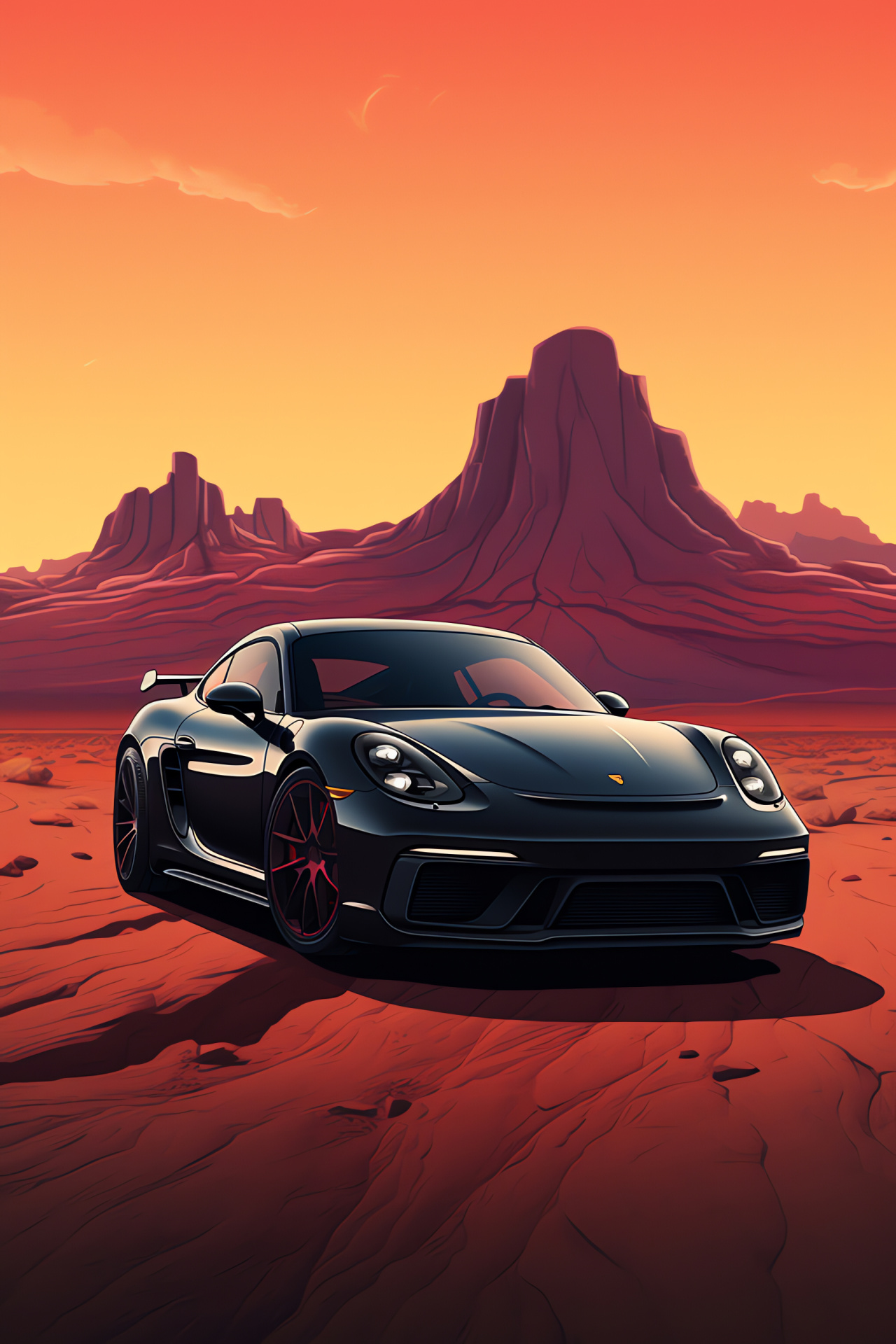 Porsche Cayman GTS 4.0, Desert drive appeal, Black sleek design, Performance coupe, Aerial vehicle showcase, HD Phone Image