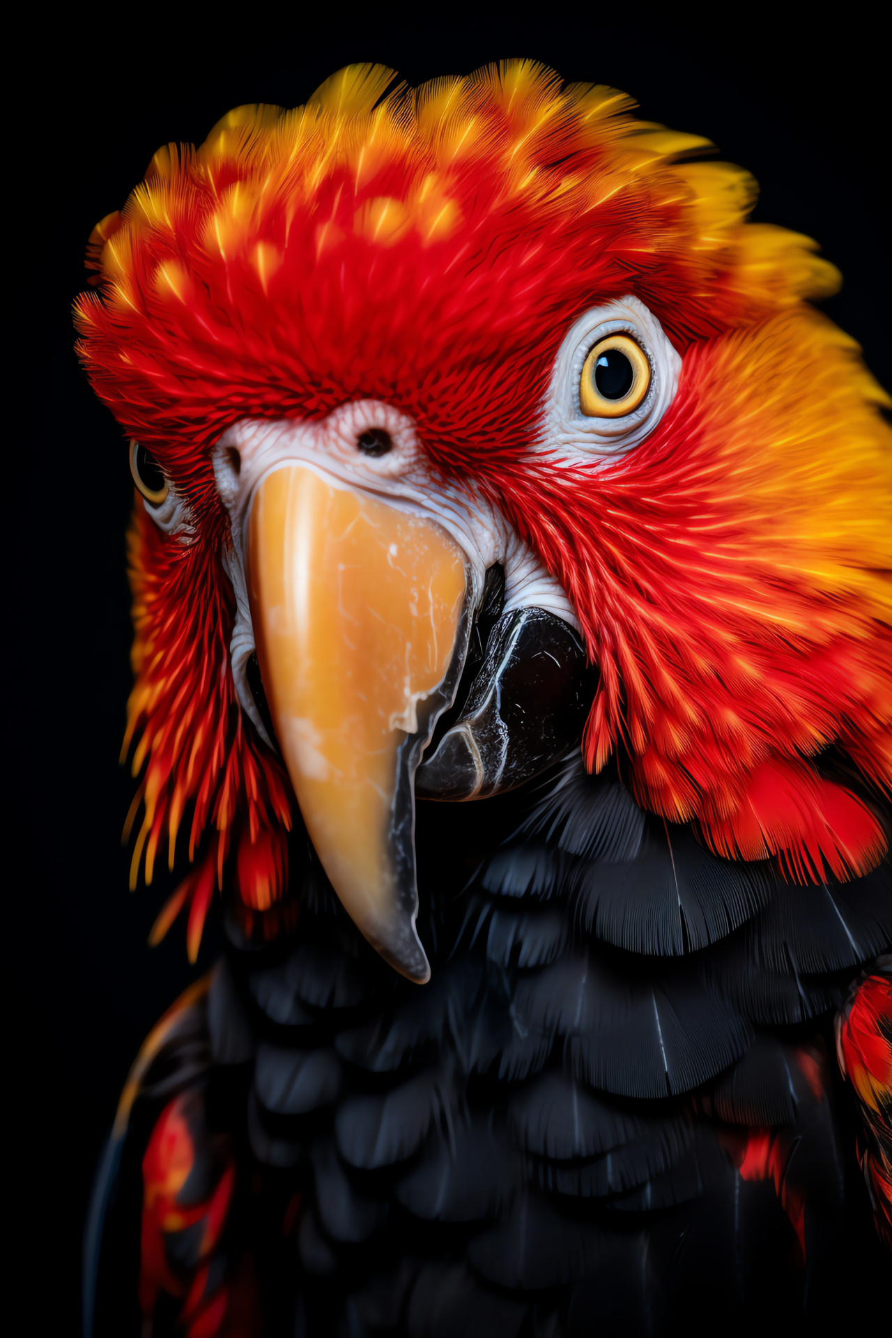 Red-yellow Parrot, Avian portrait, Black backdrop contrast, Bird posture, Exotic feathers, HD Phone Image