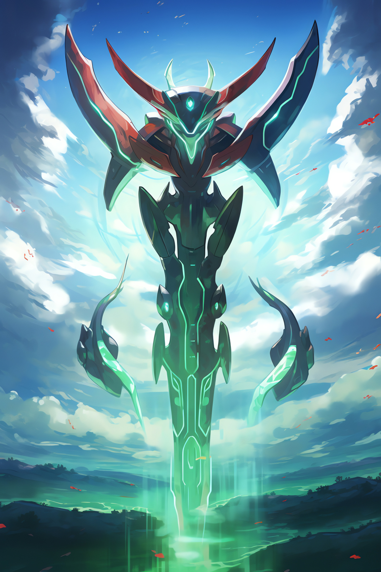 Delta Mega Rayquaza, Aerial Pillar site, Eminent form, Hued luminescence, Pillared antiquity, HD Phone Wallpaper