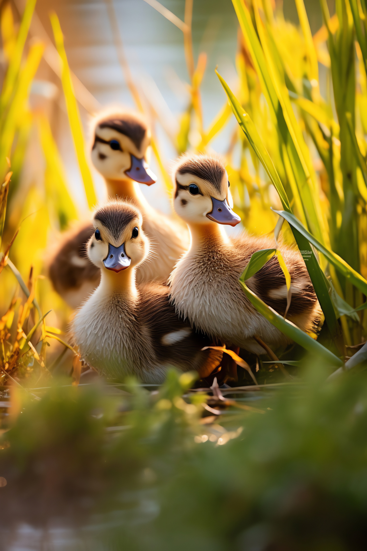 Wood Ducklings, Aix sponsa brood, Young waterfowl, Marshland habitat, Reed-covered wetland, HD Phone Wallpaper