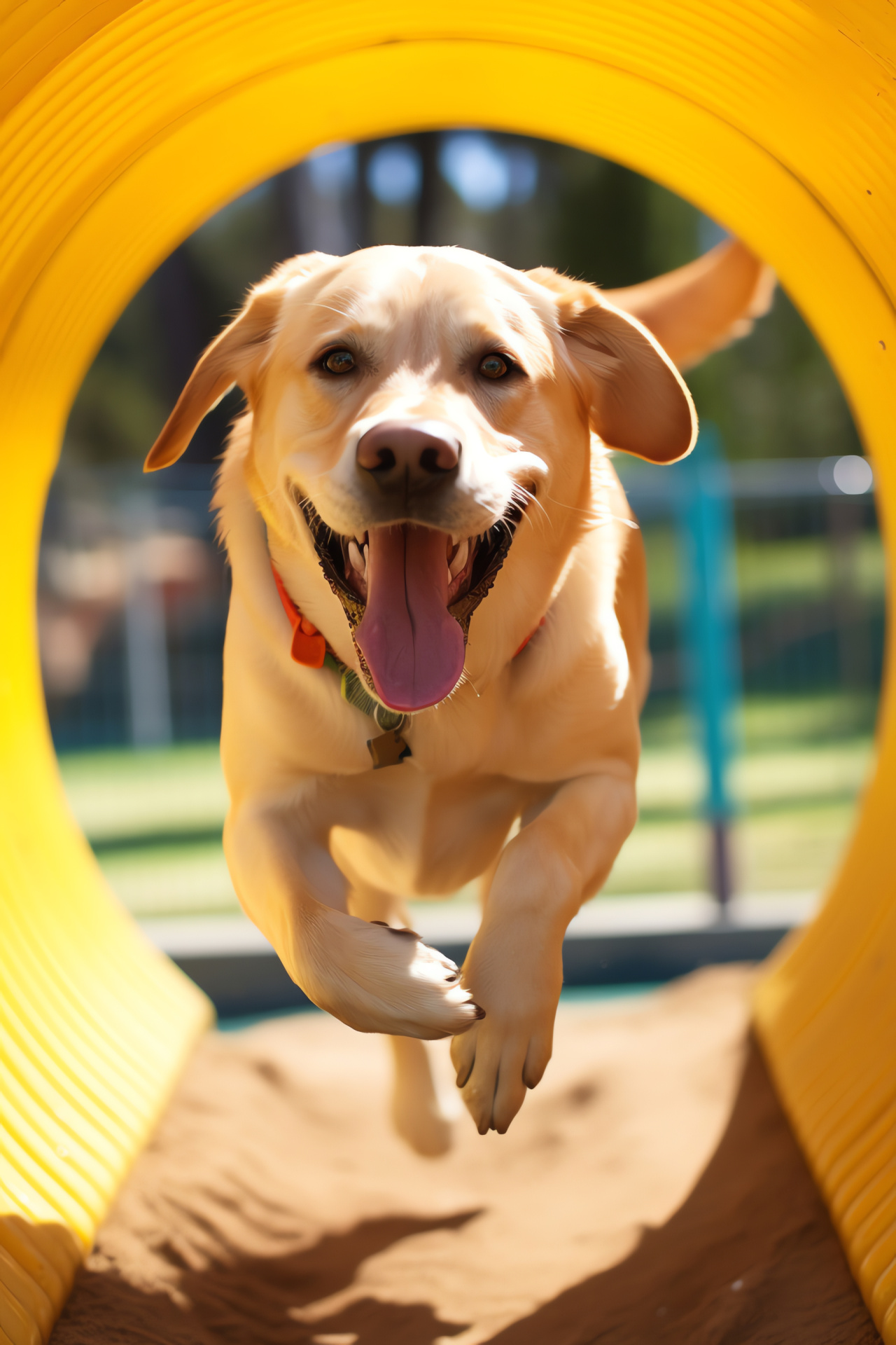 Playful canine, Yellow Labrador, Spirited pet, Park environment, Agility setup, HD Phone Image