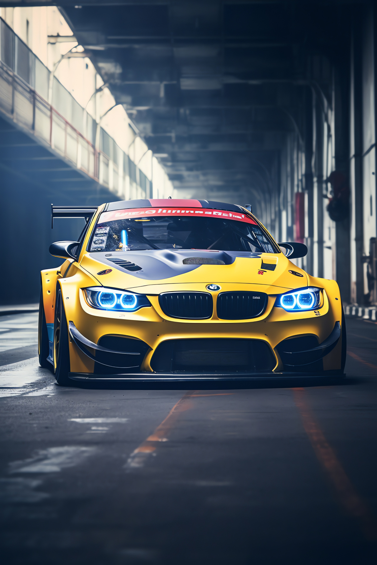 Rocket Bunny BMW M3 design, Panoramic view angle, Yellow against blue, Duo-tone background, German engineering showcase, HD Phone Image