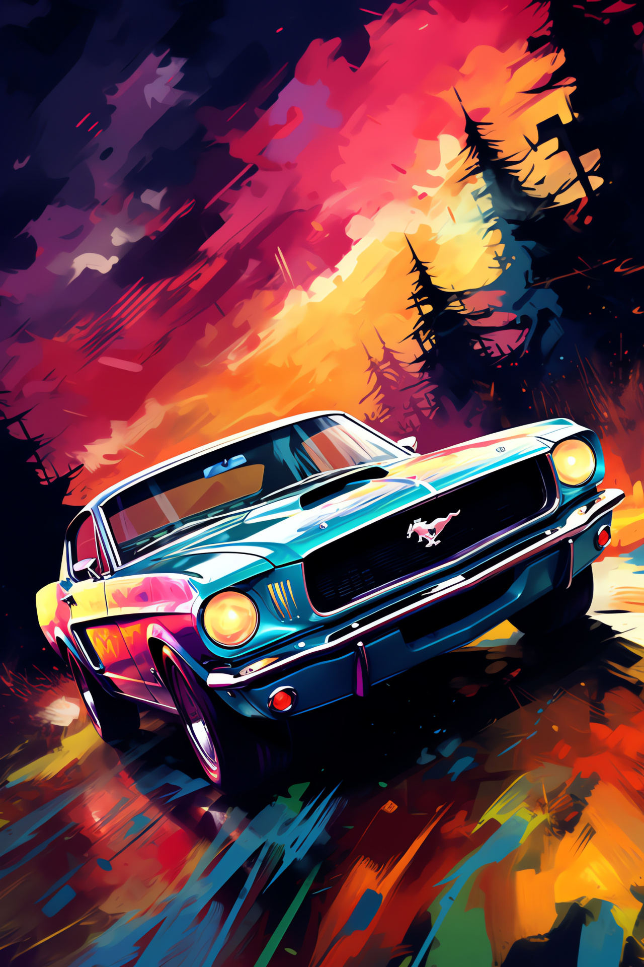 Mustang imagery, Chromatic artistic rendition, Spray paint art style, Radiant color spectrum, HD Phone Wallpaper