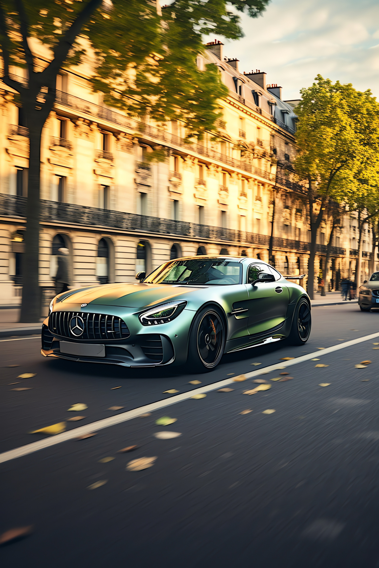 Mercedes-AMG GT R Pro, Champs-Elyses avenue, Paris luxury drive, Low-angle street scene, Performance car features, HD Phone Image