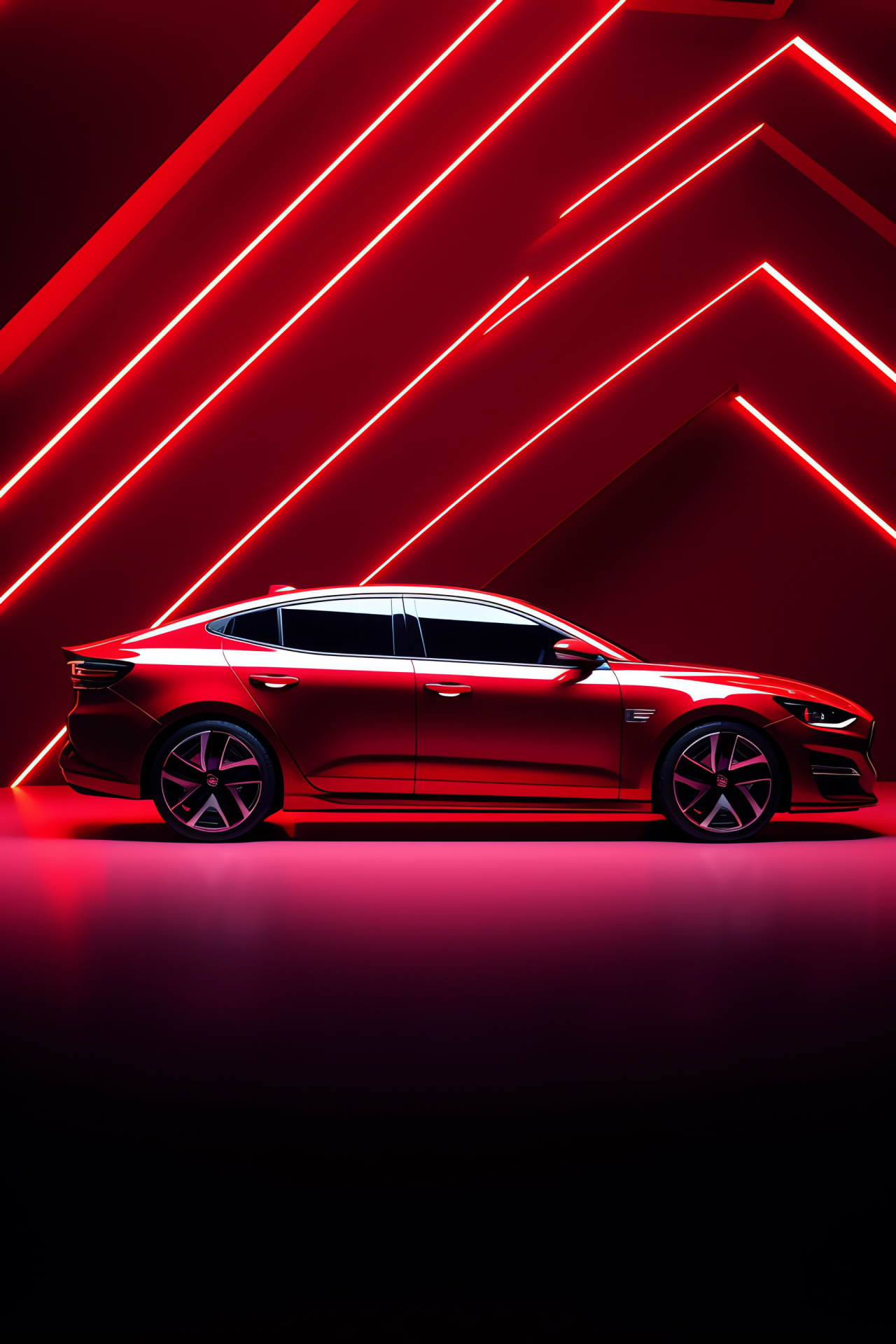 Sporty Neon Car, Crimson vehicular art, Automotive radiance, Side profile spectacle, Intensive red hues, HD Phone Image
