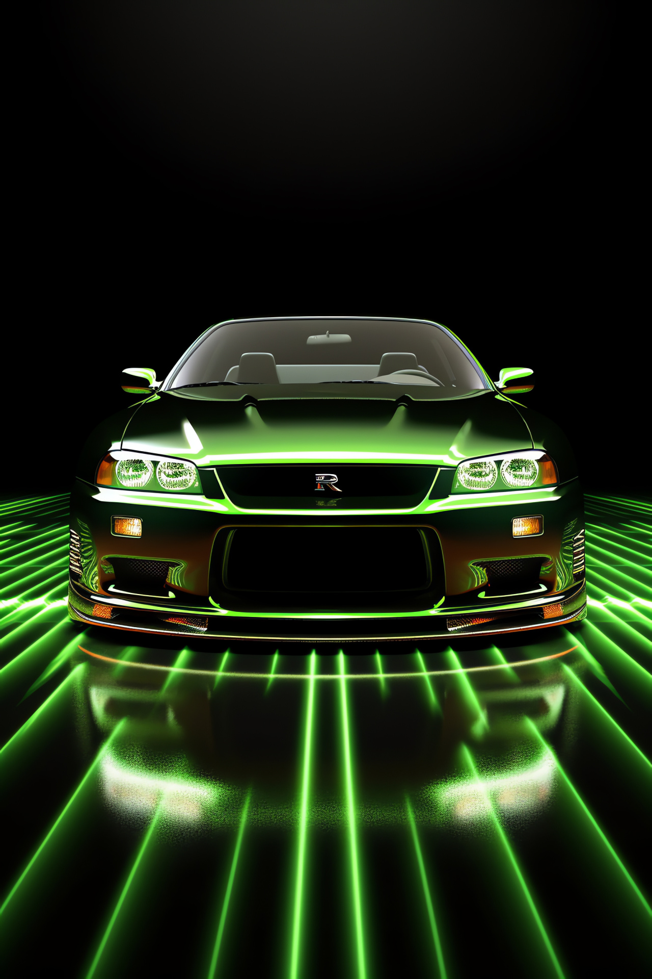 Nissan Skyline GTR extent, R33 variant, 1995 edition, green paint, neon outline, HD Phone Wallpaper