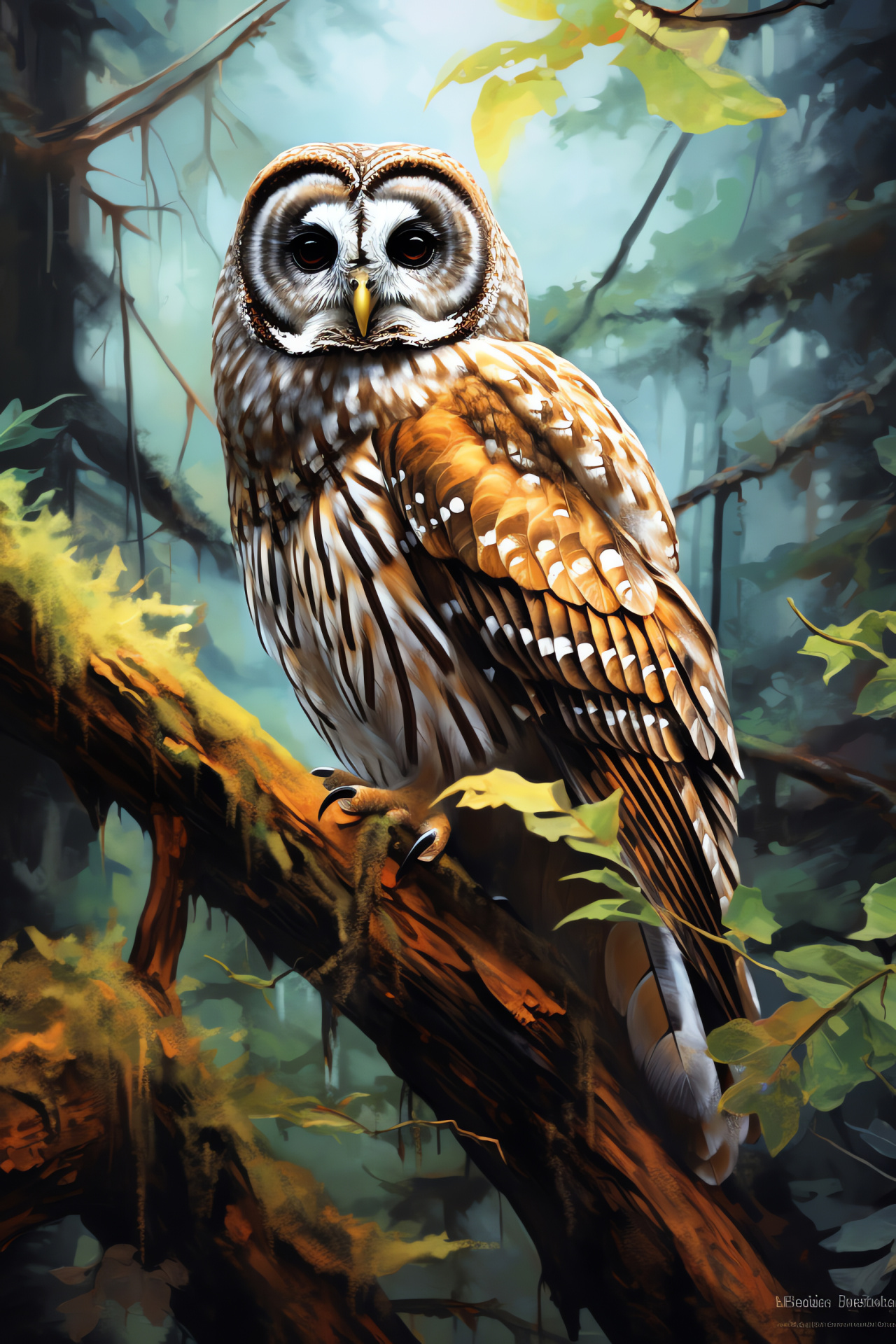Barred Owl closeup, Strigiformes species, Raptor gaze, Camouflaged plumage, Bar patterns, HD Phone Image