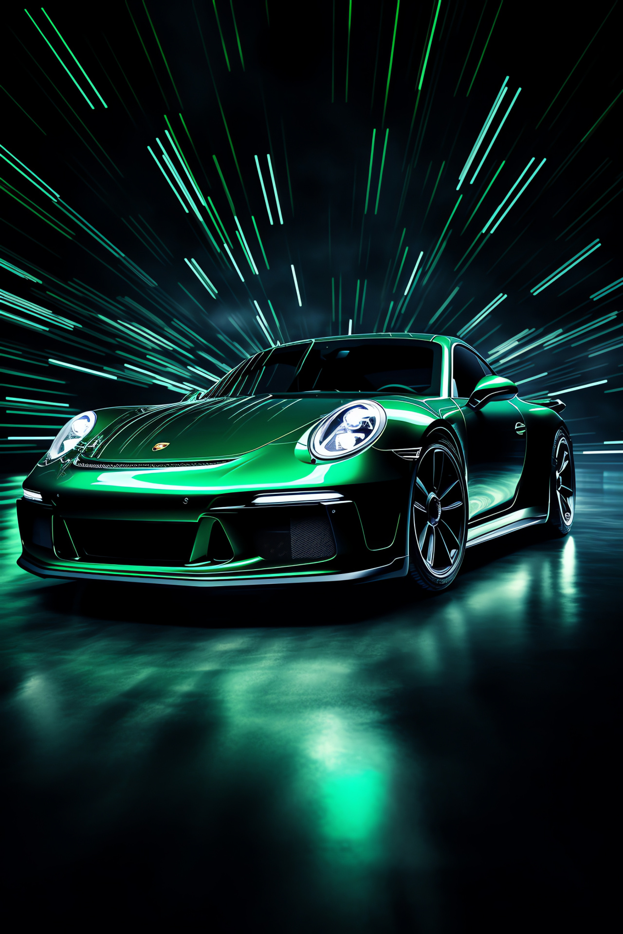 Porsche GT3 display, Widened perspective, Luminous green hue, Strong light streaks, Racing vehicle, HD Phone Wallpaper