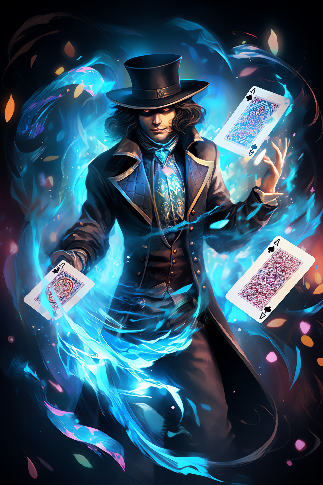 Twisted Fate visage, ocean blue eyes, trickster's grin, long leather coat, gilded attire details, HD Phone Image