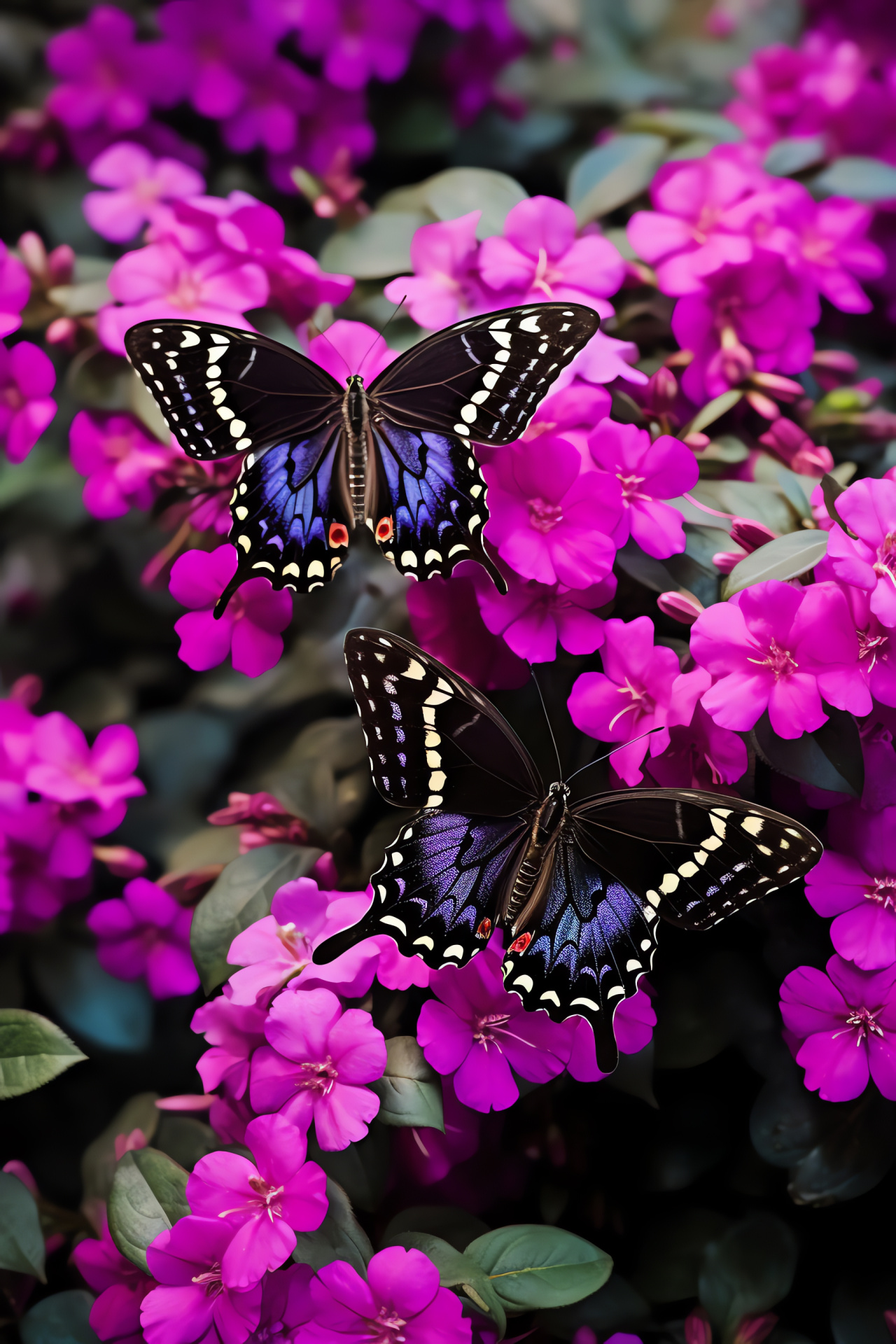 Purple spotted Swallowtail, Polka-dotted insects, Flourishing garden, Florid blooms, Winged collective, HD Phone Wallpaper