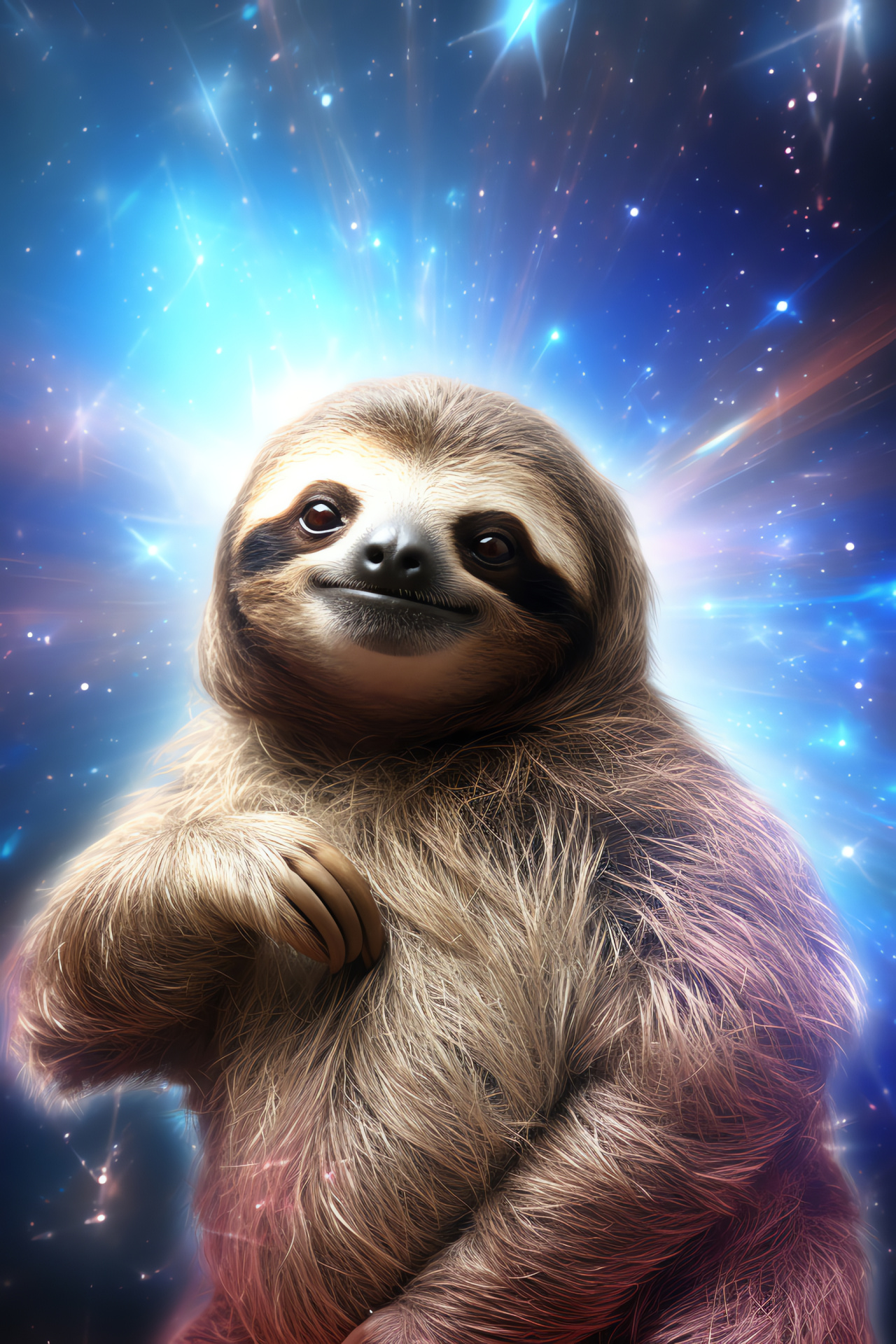 Interstellar Sloth, Lustrous silver fur, Blue-eyed astral animal, Subtle cosmic glow, Star-dusted being, HD Phone Image