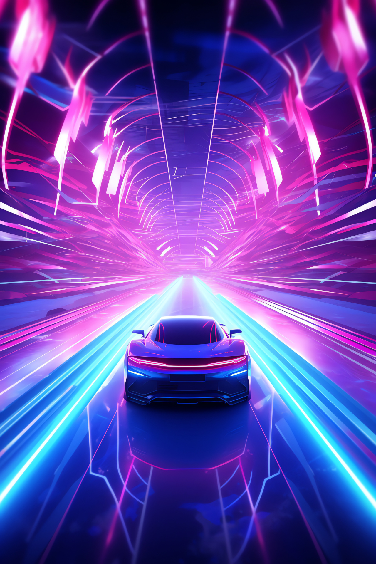 Futuristic neon auto, overhead racing view, sci-fi arena setting, holographic race elements, HD Phone Wallpaper