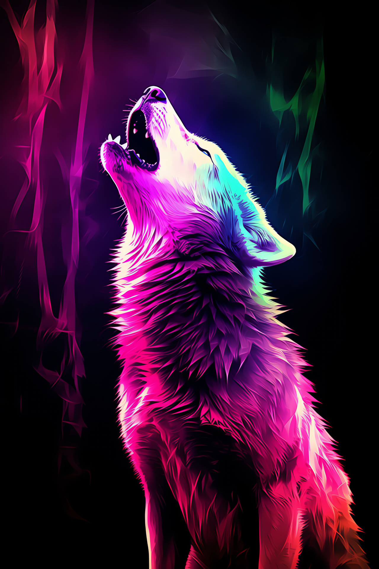 Young wolf's call, Gray juvenile howl, Surreal purple ambiance, Dual-toned eyes, HD Phone Wallpaper