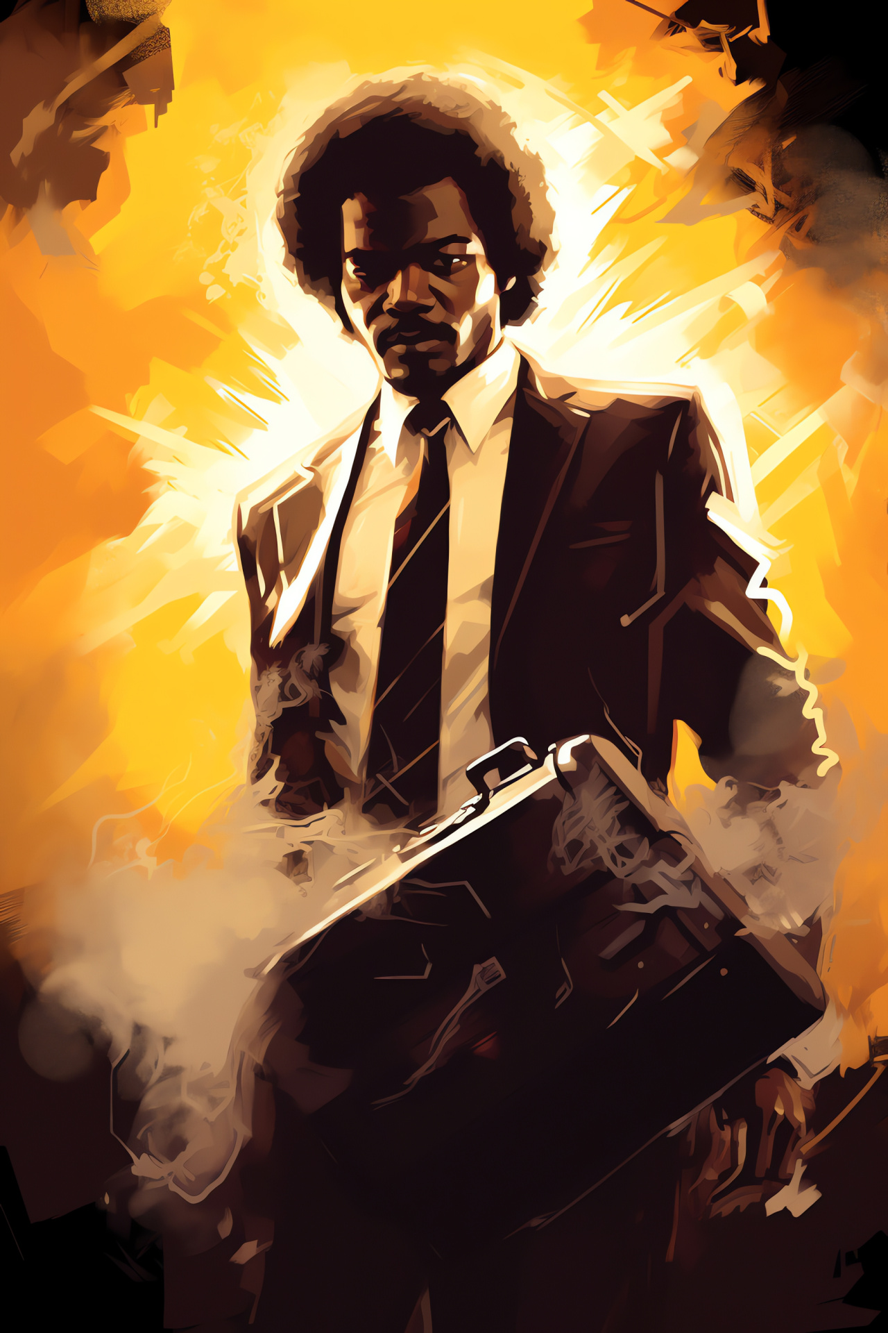 Pulp Fiction film, Jules Winnfield character, Mysterious briefcase, Smoke-filled room, Cinematic intensity, HD Phone Wallpaper