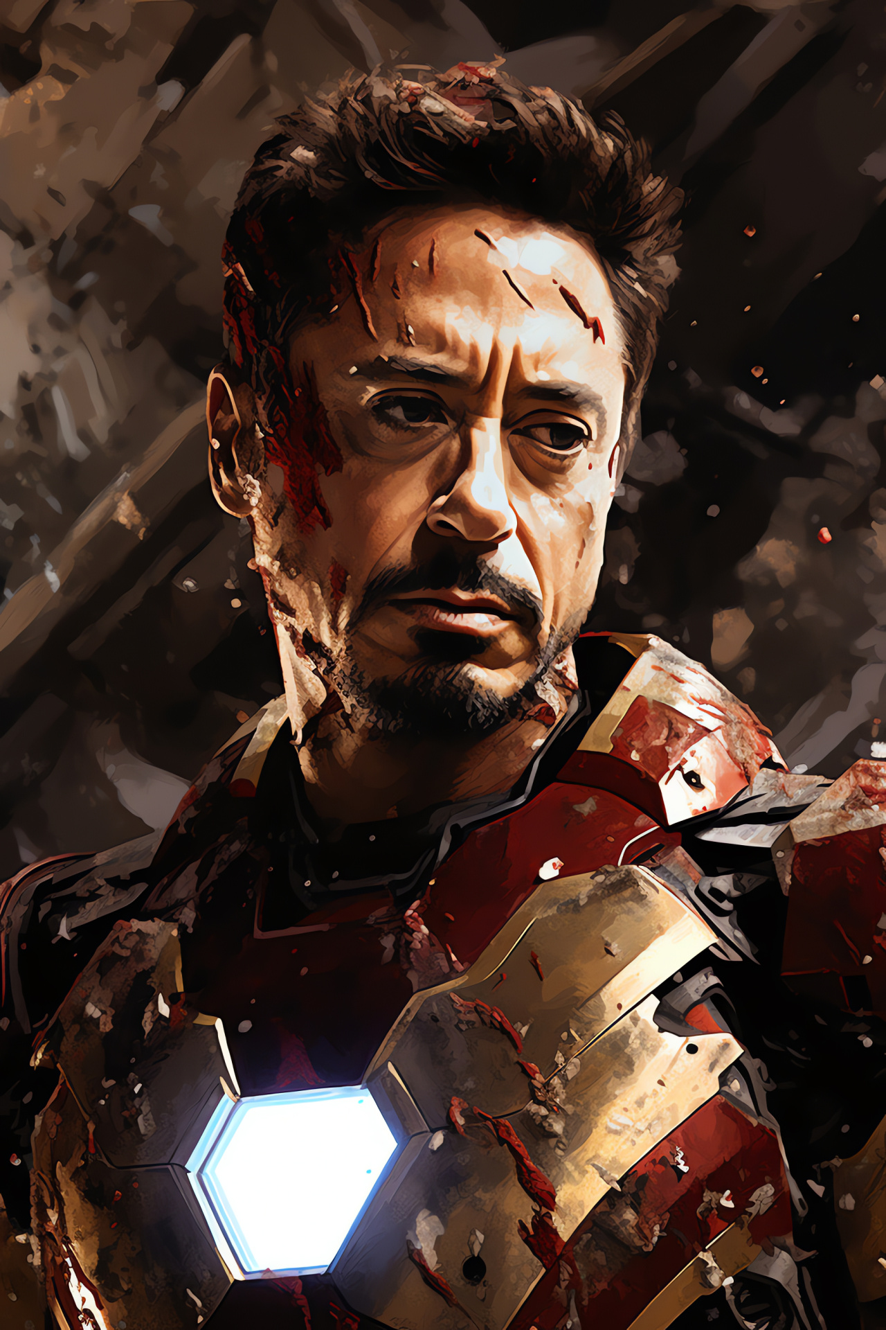 Up-close Iron Man, Battle worn armor, Stark's determination, Superhero defense, Armor technology, HD Phone Image