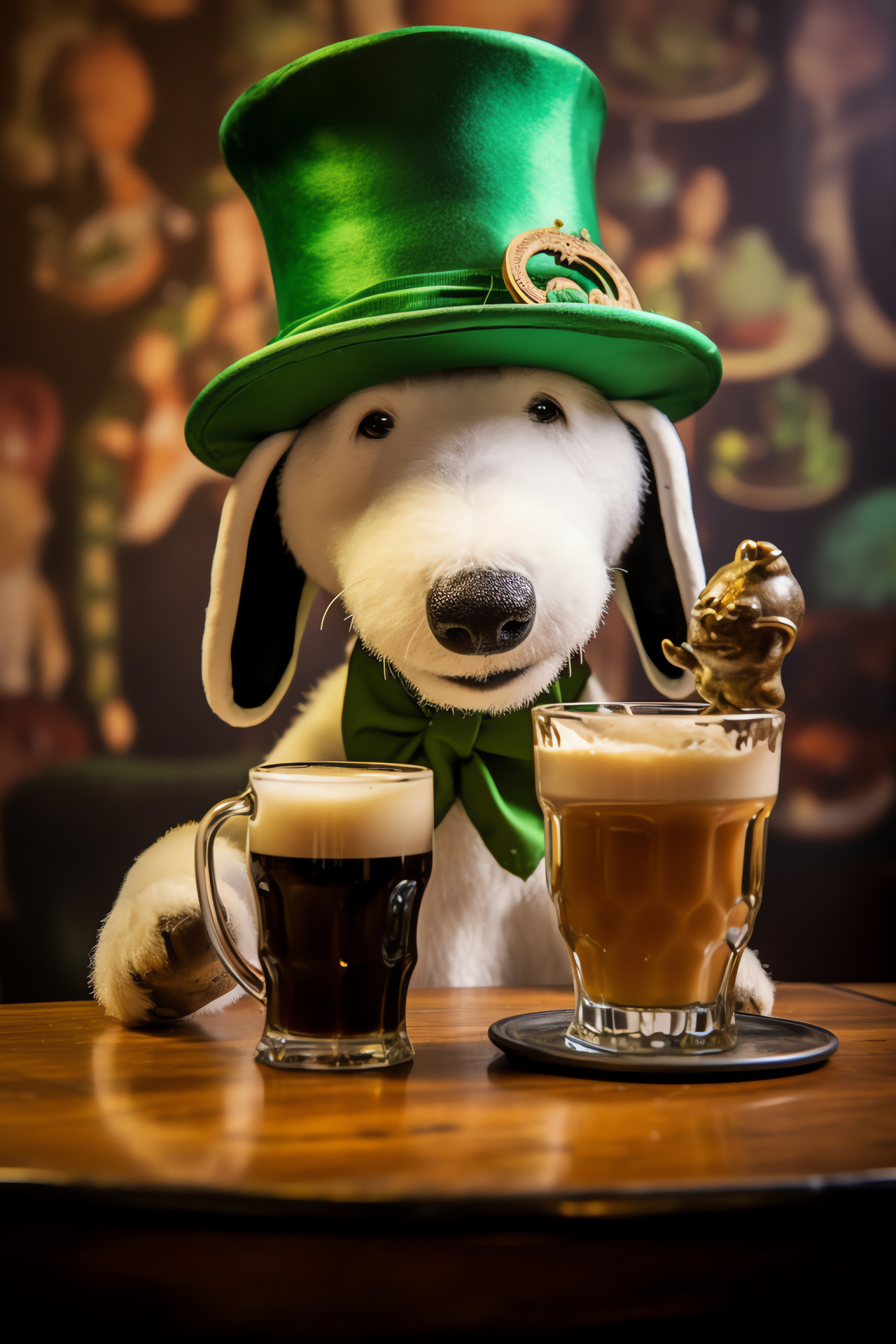 Cartoon Snoopy, Irish celebration, festive attire, shamrock emblem, celebratory drink, HD Phone Image