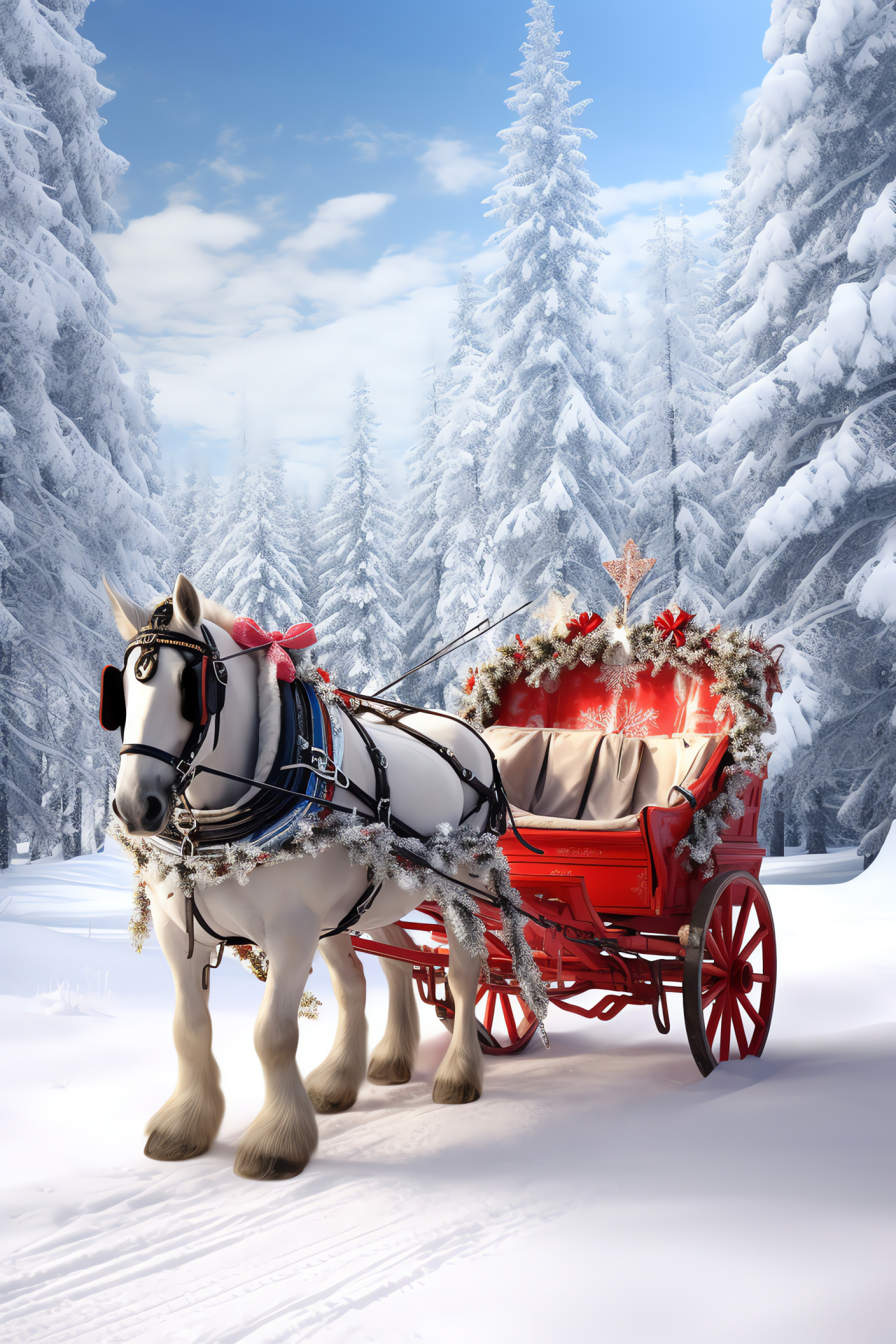 Yuletide sleigh ride, forest covered in frost, season's jingles, equestrian wintertime joys, coniferous scenery, HD Phone Wallpaper