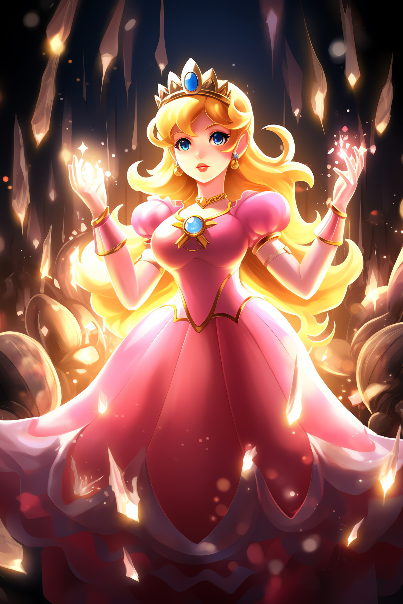 Princess Peach, golden locks, roseate gown, cerulean stare, regal diadem, HD Phone Wallpaper