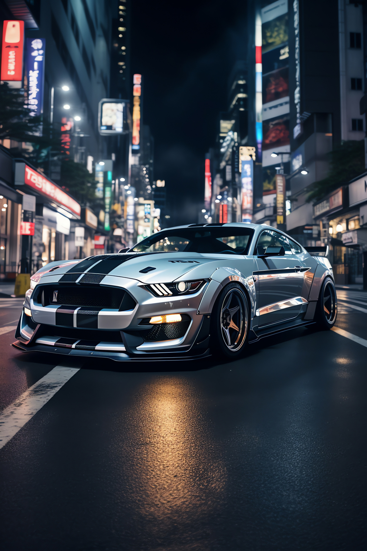 Shelby Mustang GT350, Tokyo street scene, Dynamic drift action, Modified wide chassis, Japanese nightlife, HD Phone Wallpaper