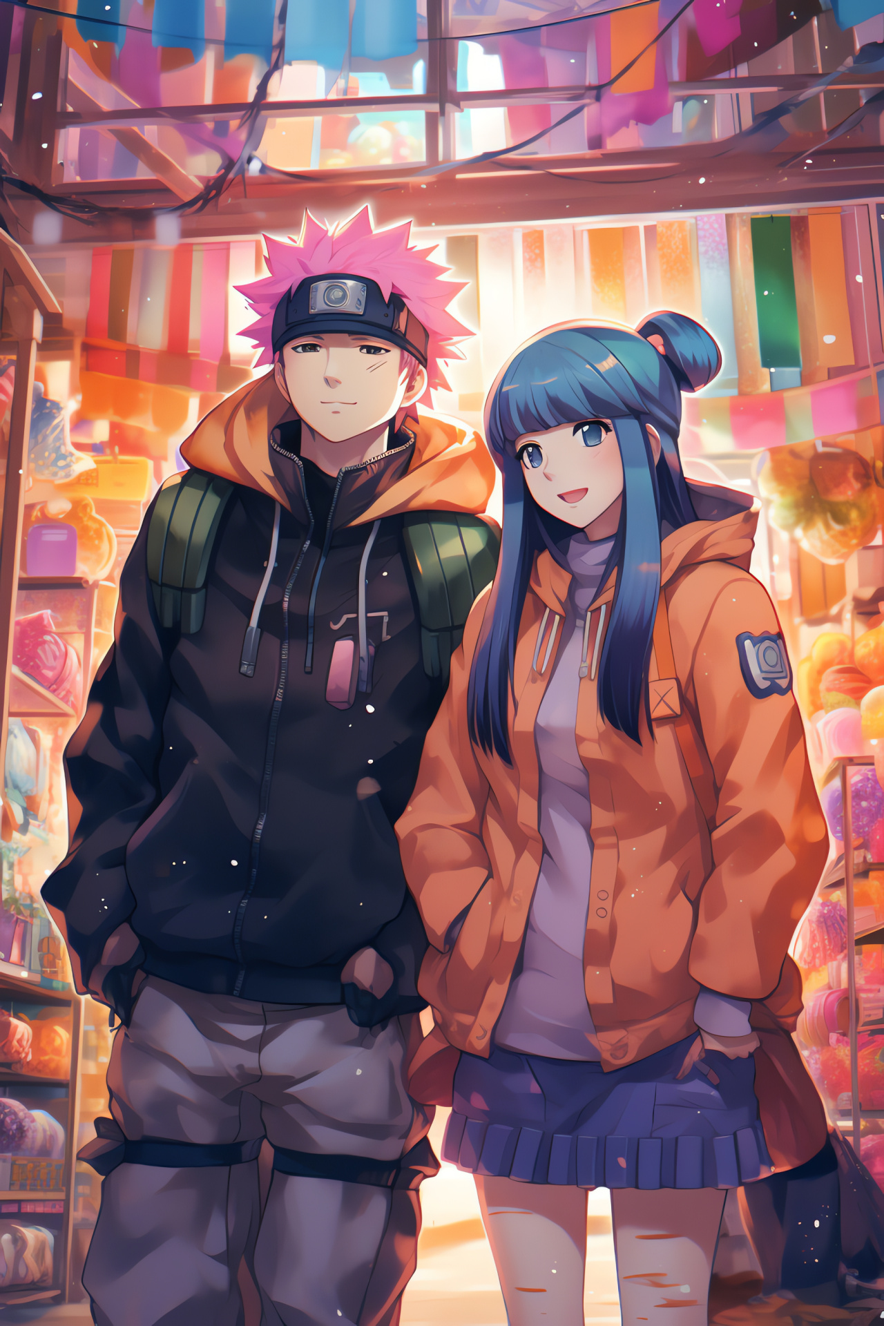 Naruto Uzumaki, Hinata Hyuga, couple's village stroll, Land of Fire ambiance, Ninja relationships, HD Phone Wallpaper