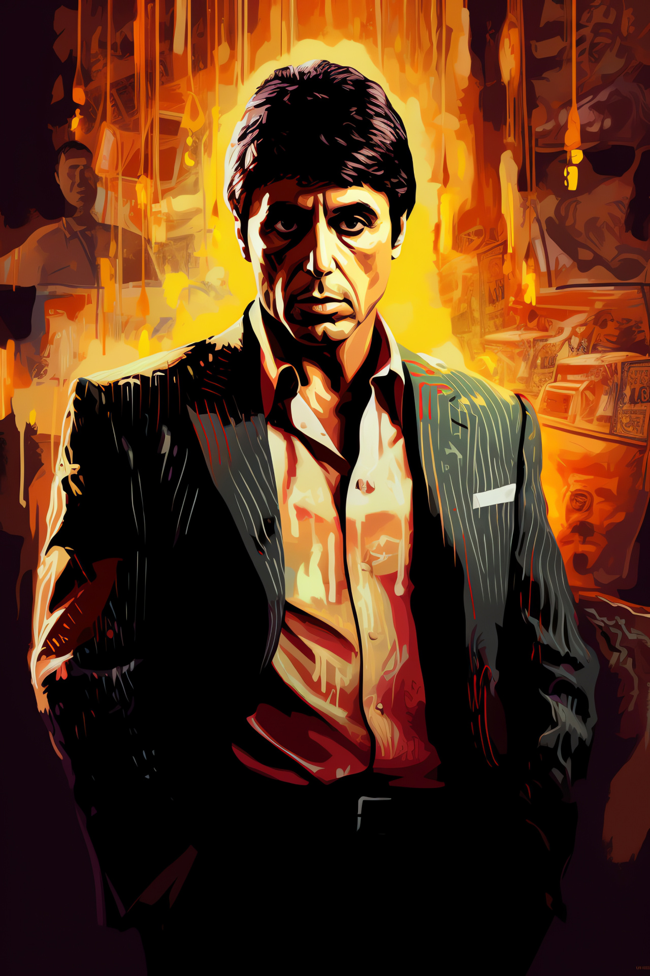 Scarface artwork, Tony Montana portrait, Dramatic ambience, Cinematic icon, Gangland saga, HD Phone Image