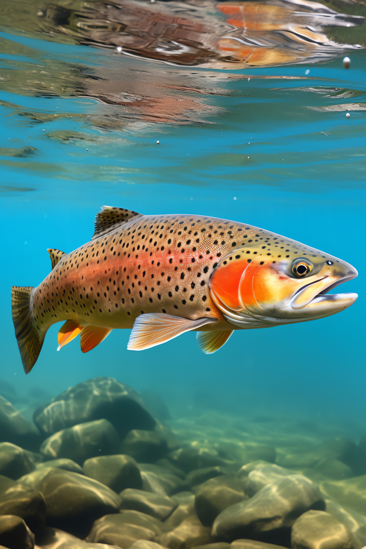 Cutthroat trout swimming, Freshwater panorama, Red striped species, Aquatic setting, HD Phone Wallpaper