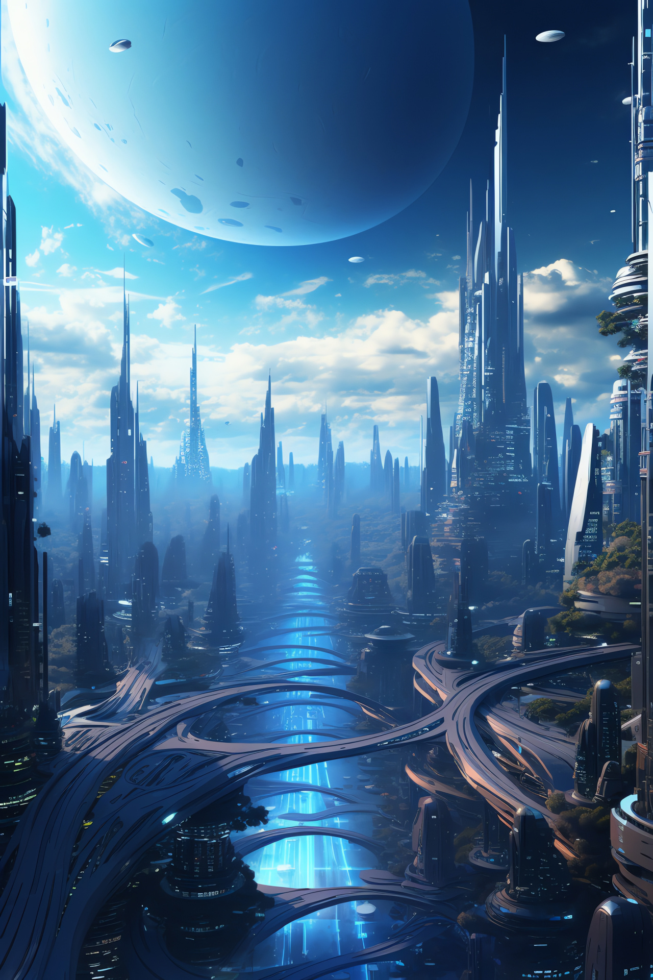 Future urban skyline, Otherworldly megacity, Elevated structures, Luminous signage, Citywide radiance, HD Phone Wallpaper