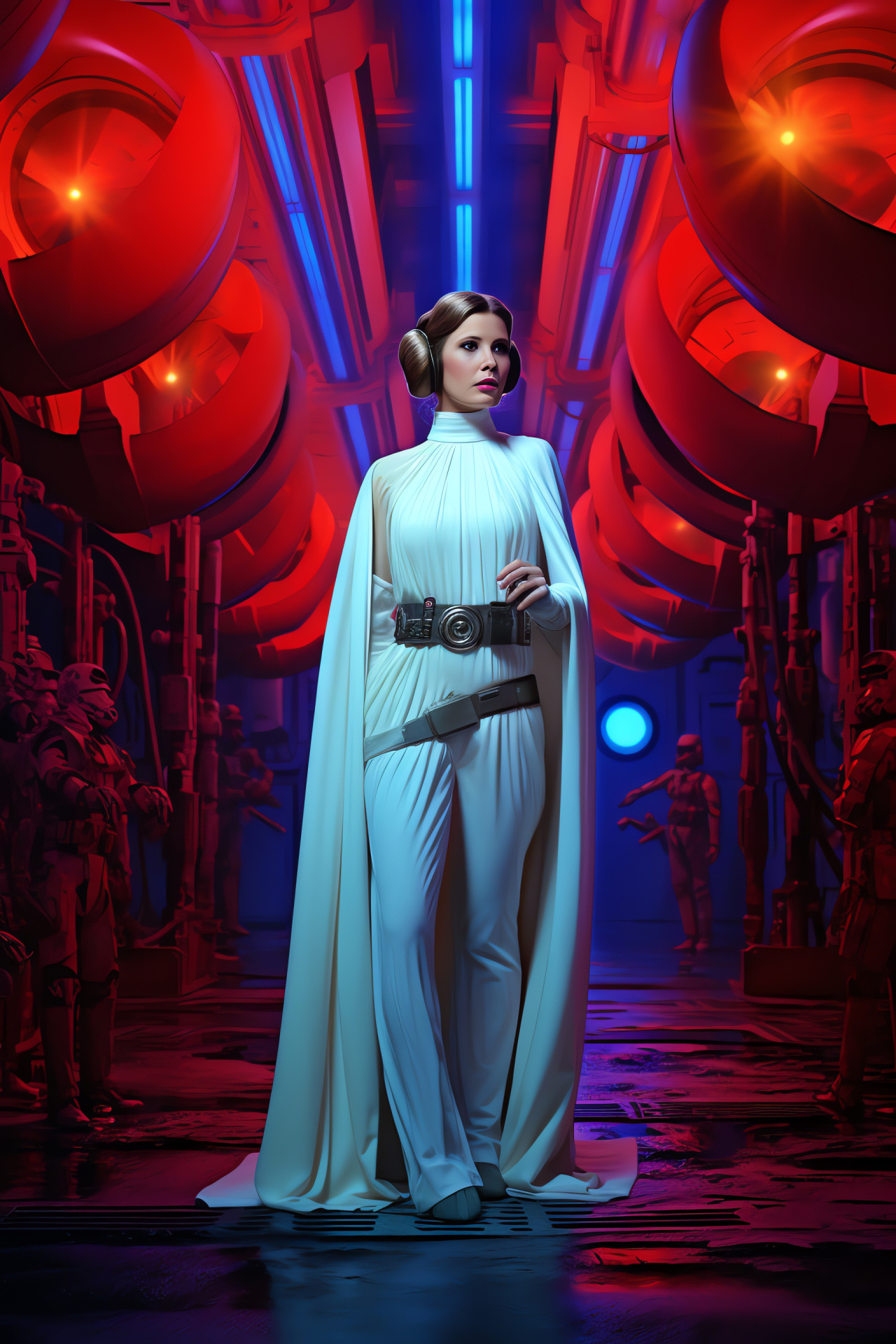 Princess Leia Organa, White royal gown, Rebel Alliance base, Yavin 4 setting, Iconic Star Wars scene, HD Phone Image