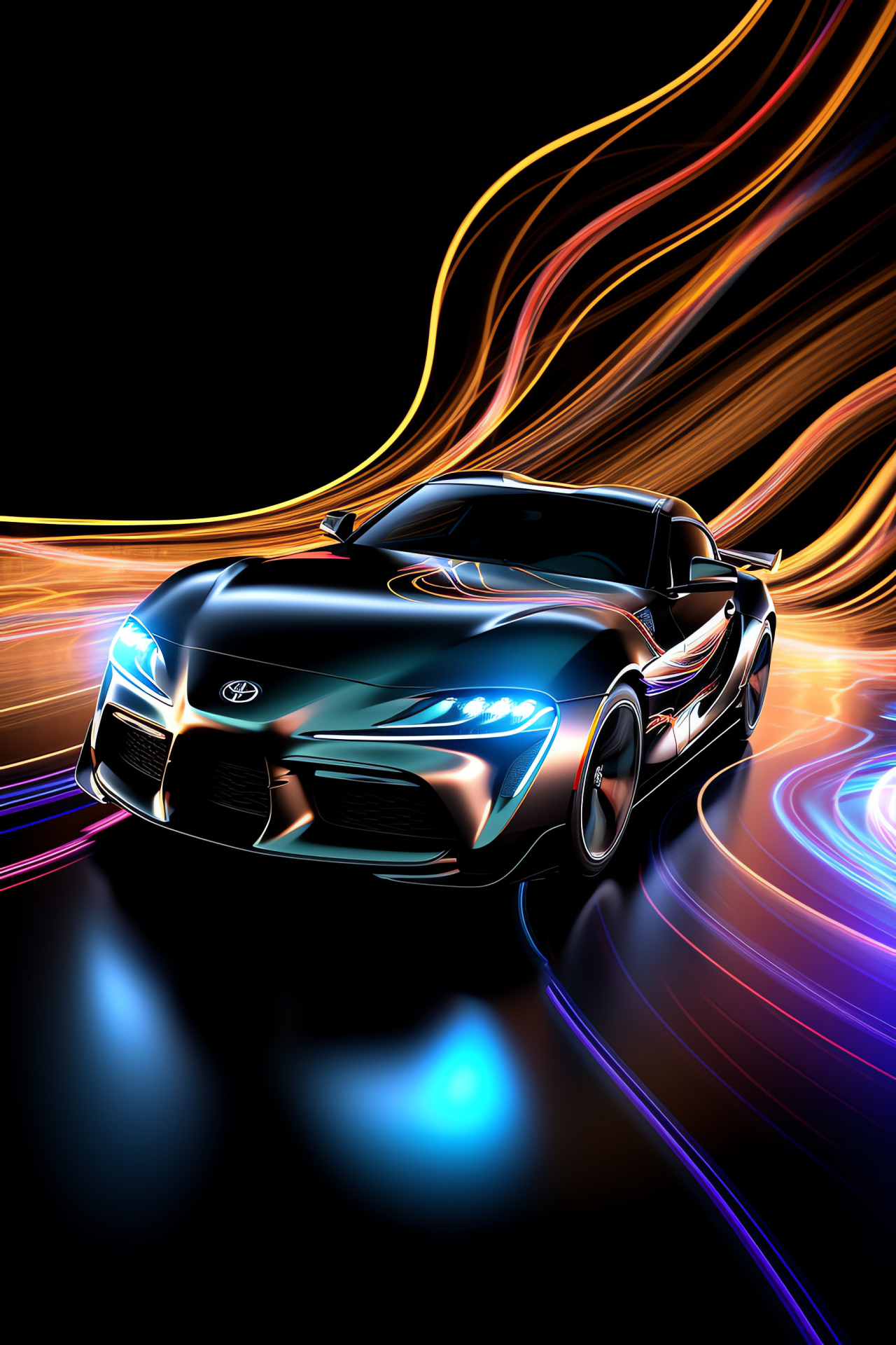 Modified Toyota Supra MK3, Elevated capture, Glossy black finish, Turbocharged vehicle, Swirling neon graphics, HD Phone Wallpaper