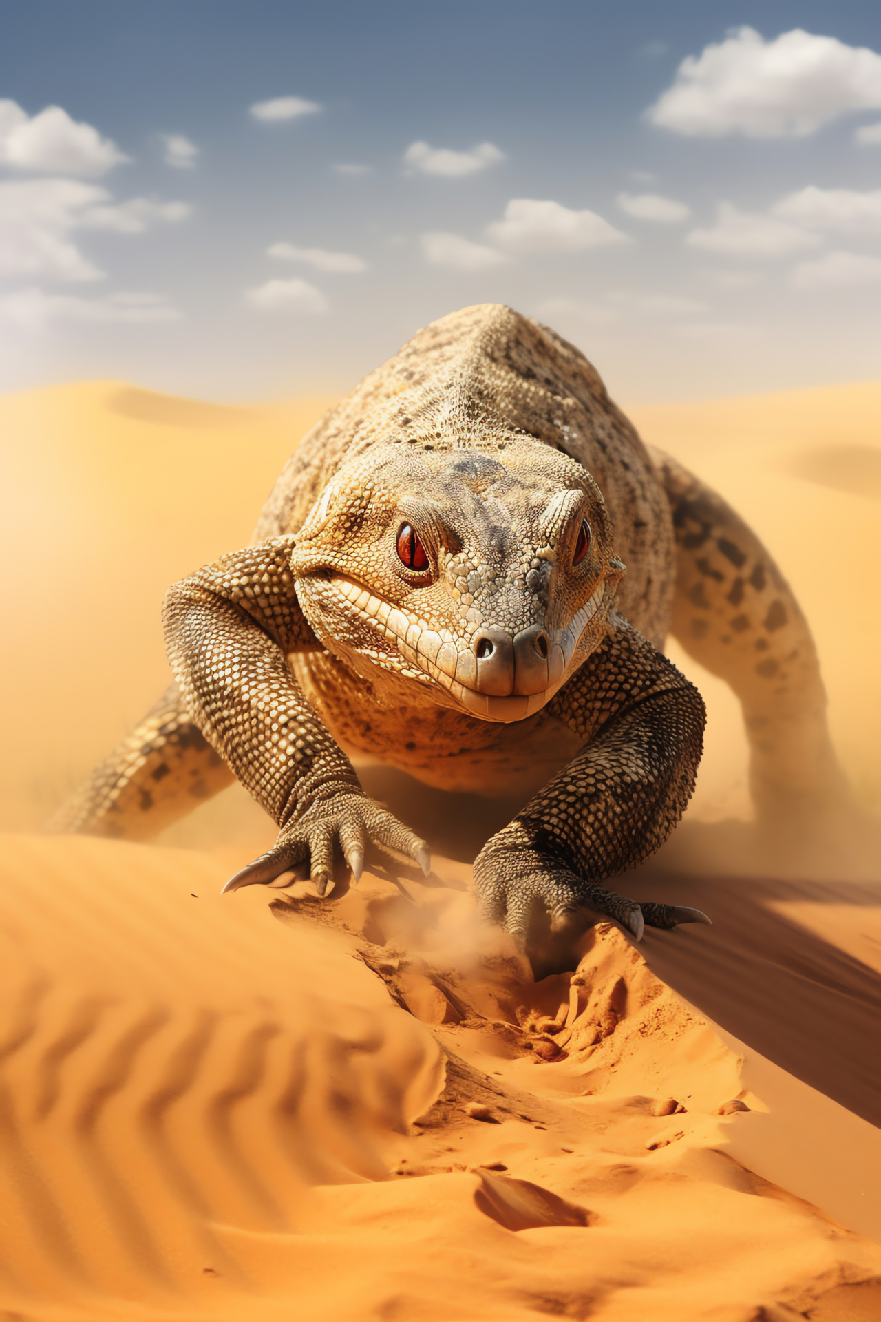 Desert monitor, sandy terrain, wildlife motion, African origin, panoramic scene, HD Phone Image