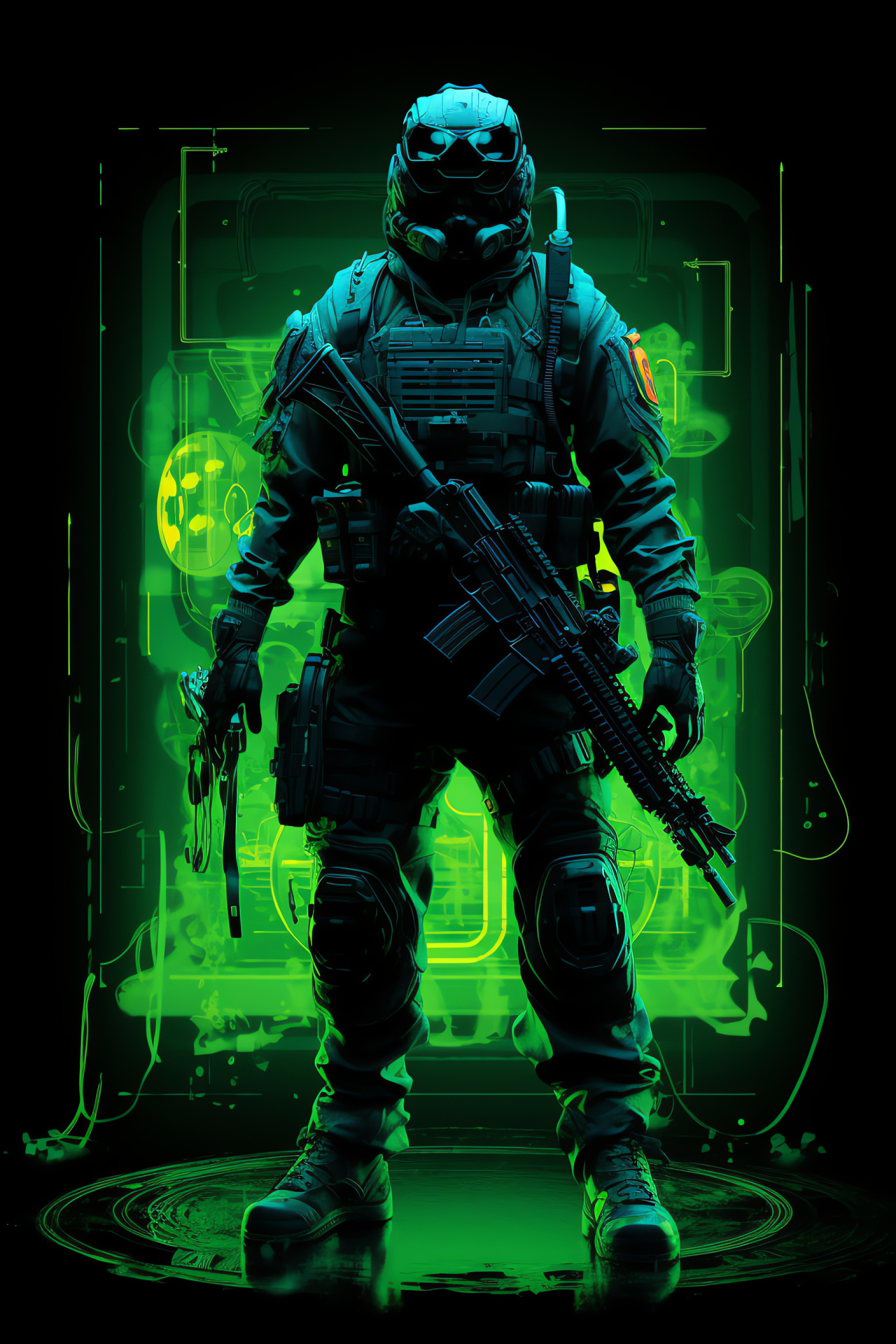 Recurrent 'Ghost' Riley, Verdant eye color, Tactical mask design, Paired firearms, Deep shadow visual, HD Phone Wallpaper