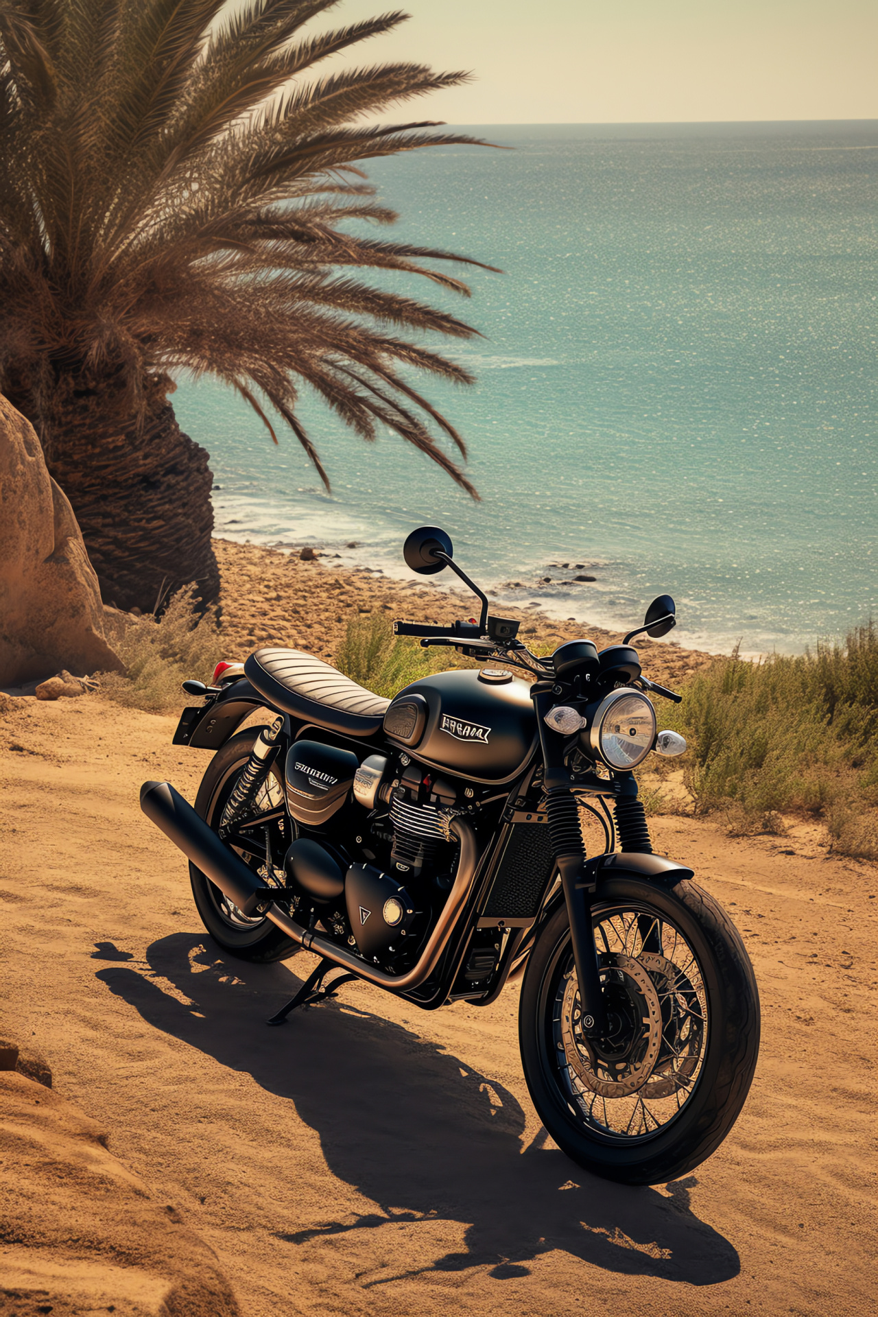 Triumph Bonneville T120, Black Edition motorcycle, coastal scene, topographic view, scenic byway, HD Phone Image