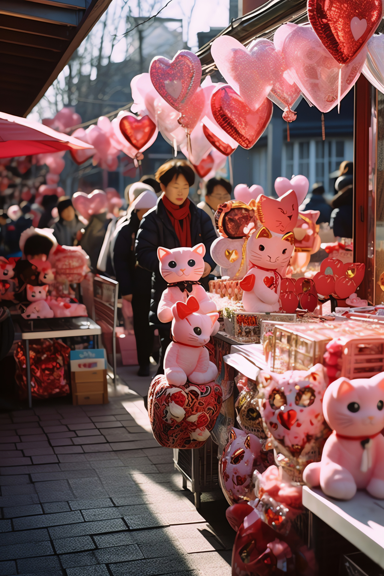 Marketplace romance, Feline affections, Confectionery hearts, Fragrant florals, Valentine commerce, HD Phone Image