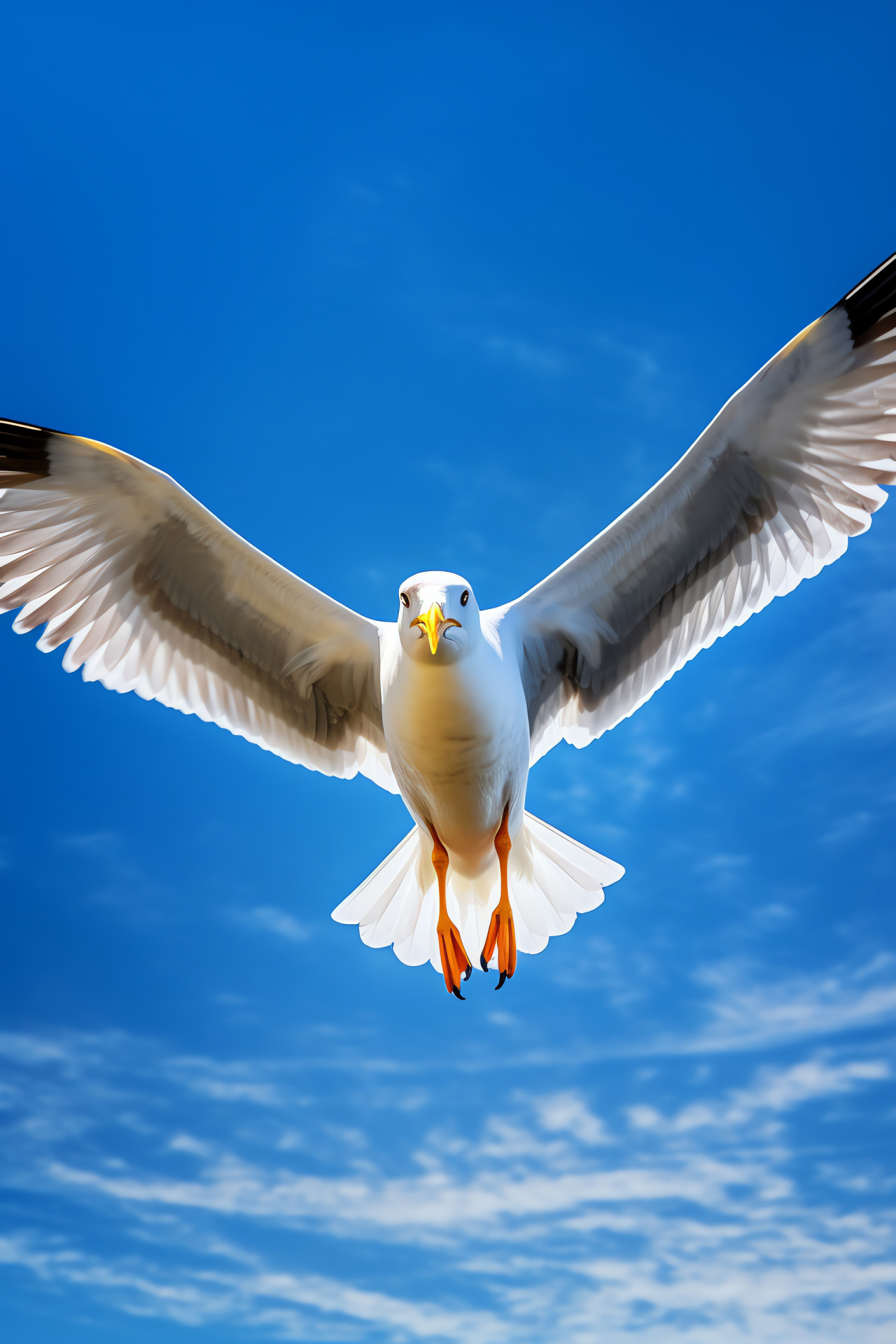 Flying seagull elegance, Gull wingspan, Dynamic color contrasts, Aerial grace, Sun-kissed feathers, HD Phone Wallpaper