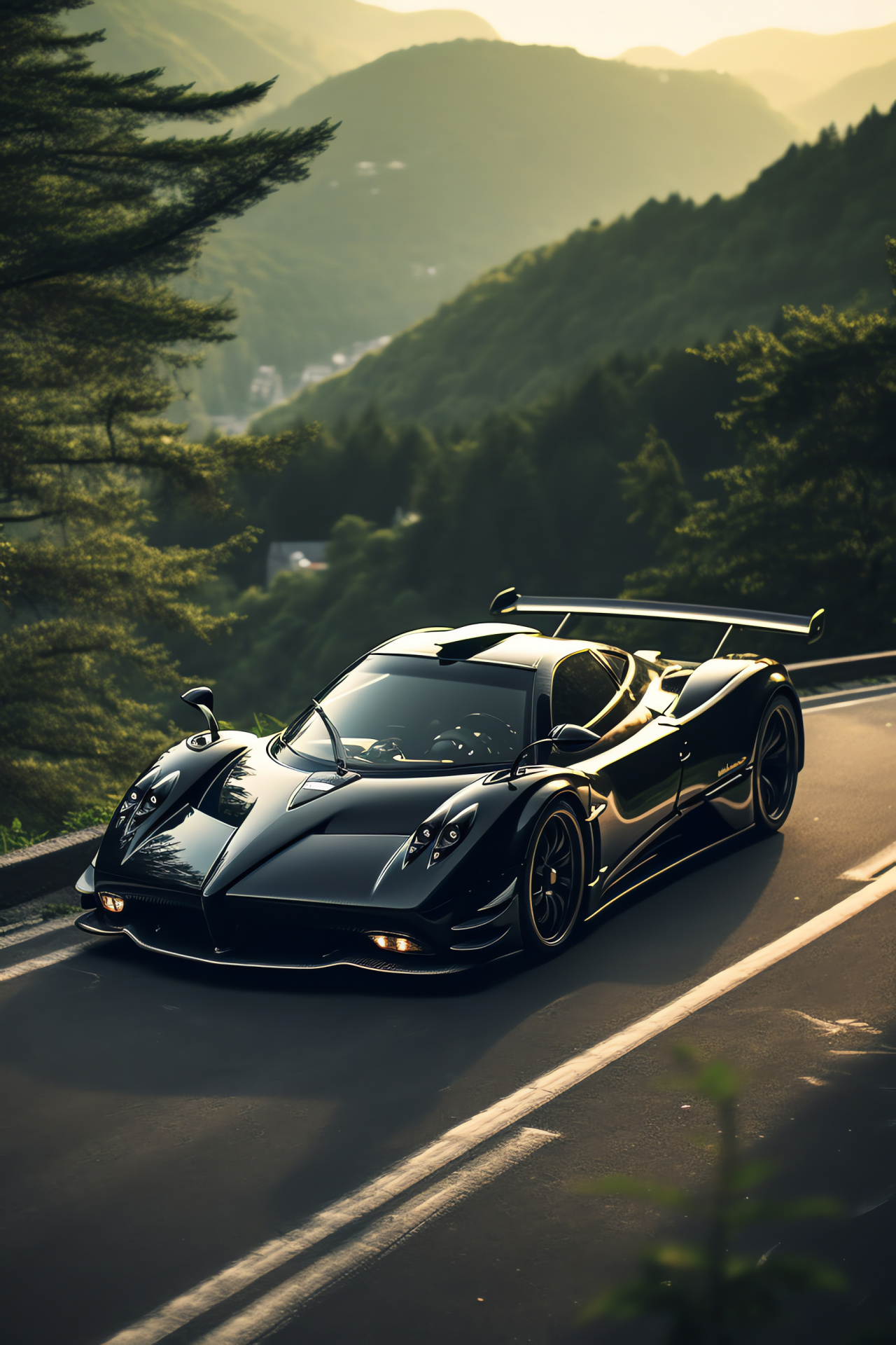 Pagani Zonda F Nature, Mountain driving adventure, Panoramic scenic surroundings, Lush vegetation, Ultimate driving pleasure, HD Phone Image