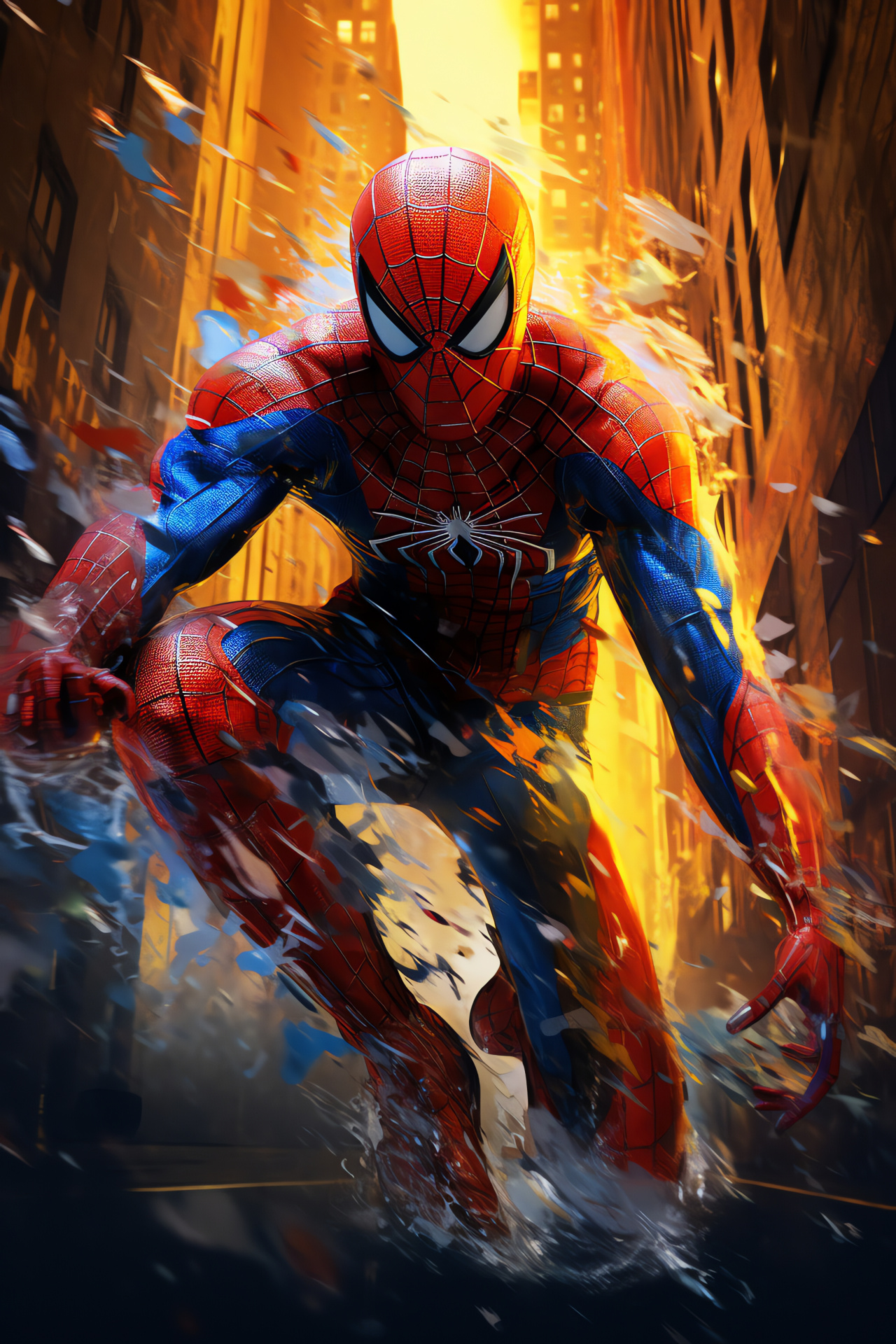 Heroic Spider-Man, acrobatic motion, superhero costume, comic-inspiration, energetic scene, HD Phone Wallpaper