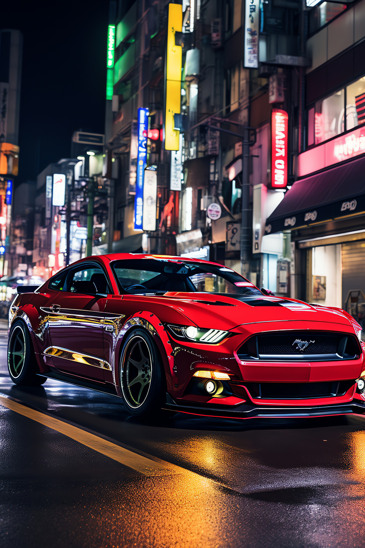 Ford Mustang GT, Modified sports car, Tokyo racing, Dynamic motion, Nighttime cityscape, HD Phone Image