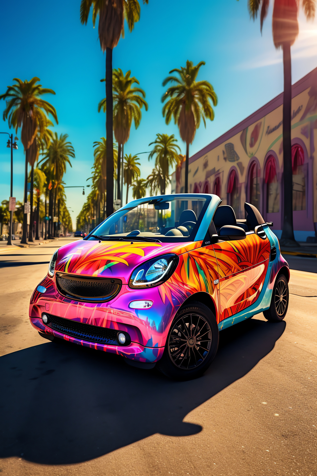 Smart Car electric, Los Angeles culture, Iconic Hollywood setting, Palm-fringed boulevards, Casual Californian lifestyle, HD Phone Wallpaper