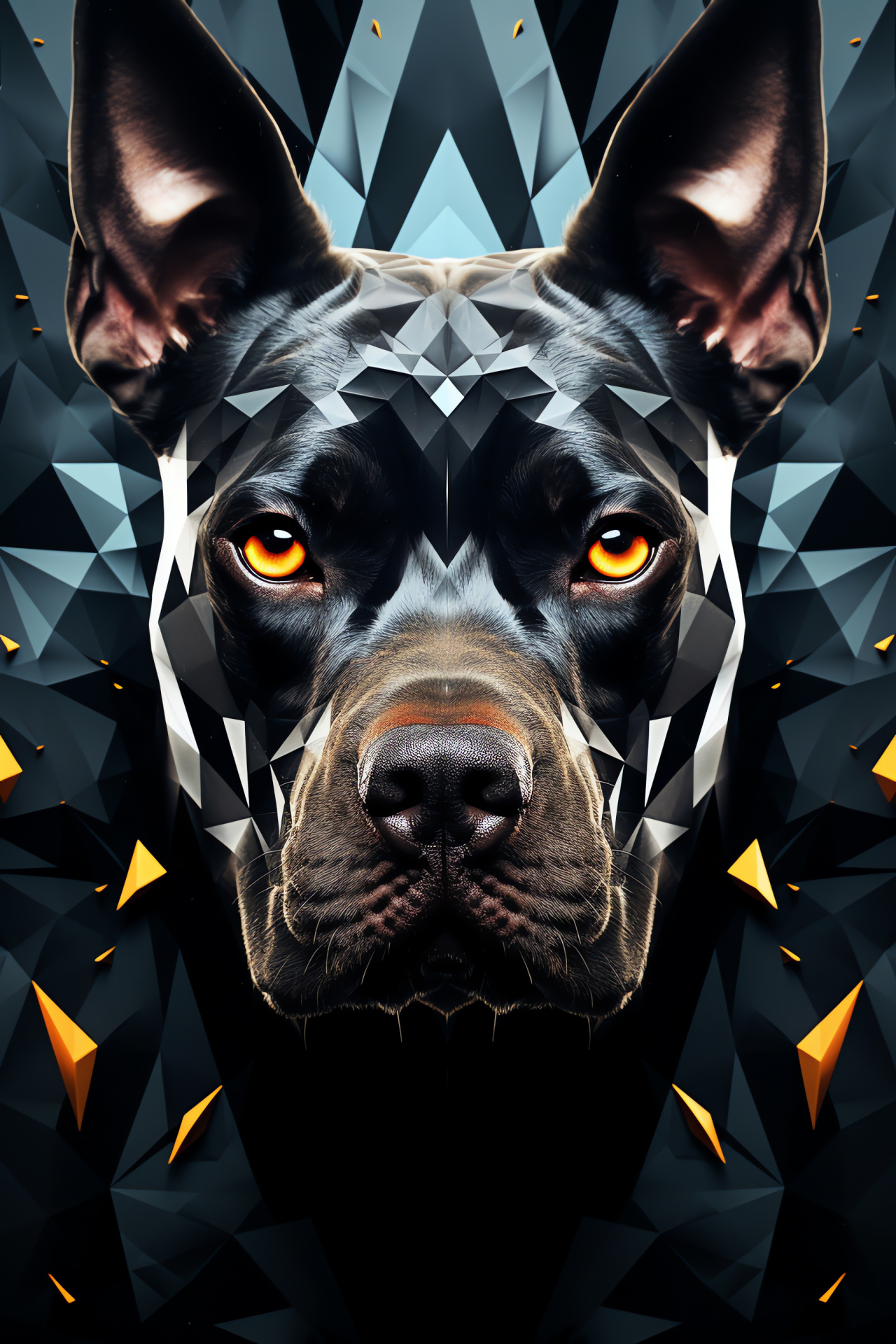 Distinguished Pitbull, close-up perspective, solid ebony coat, patterned background, HD Phone Image