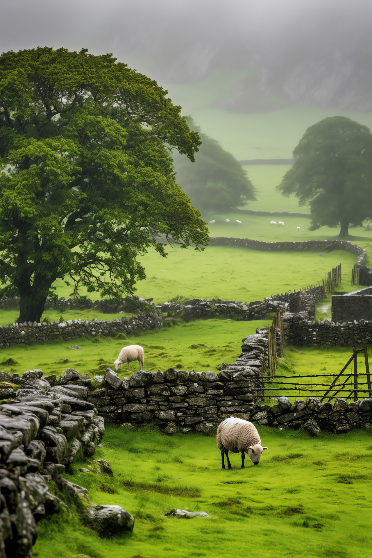 Irish countryside, showers over green hills, pastoral stone barriers, grazing sheep amid fog, floral freshness after rain, HD Phone Wallpaper