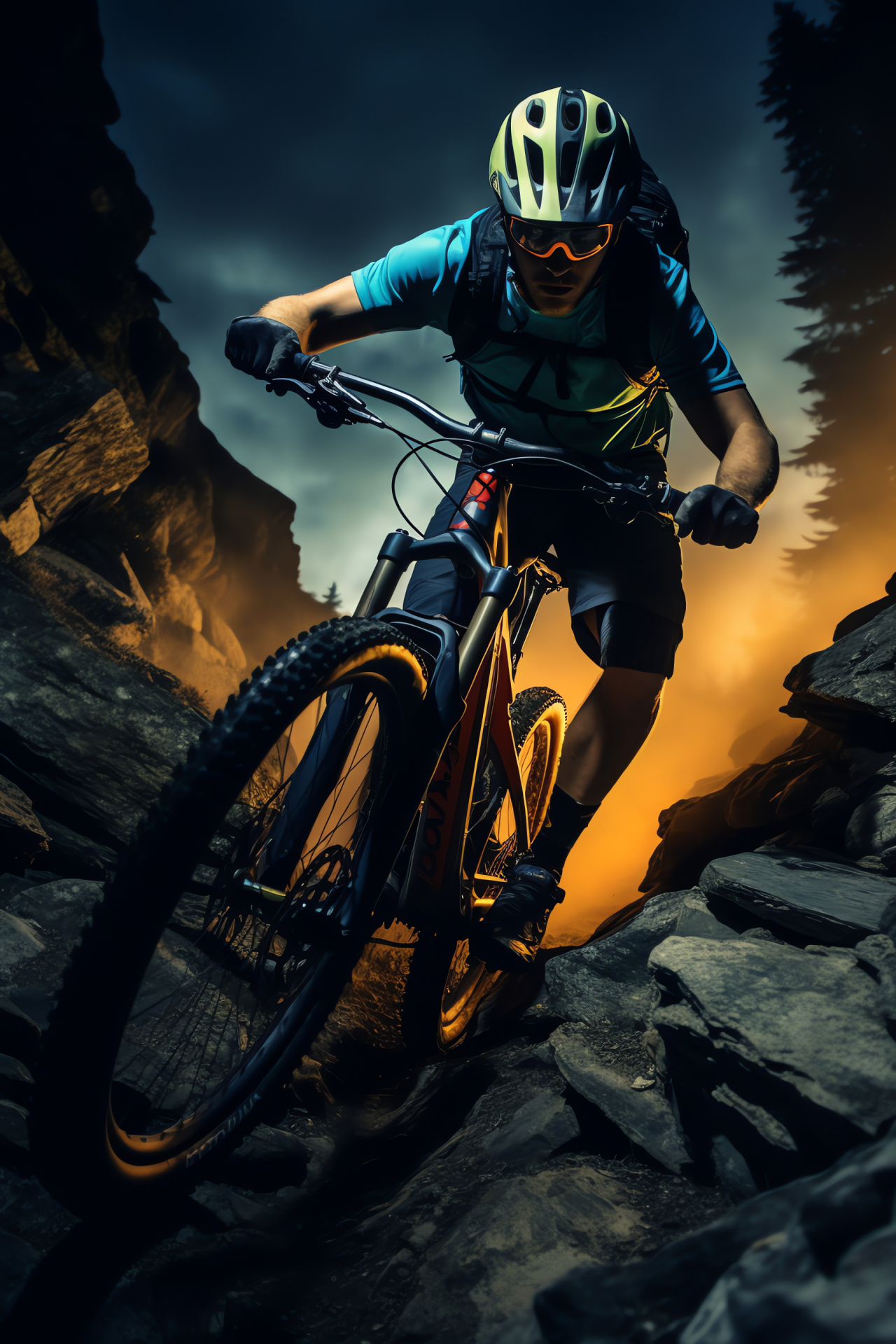 MTB steep descent, High-speed bike action, Edge-of-seat biking thrill, Electrifying trail ride, Mountain biking spectacle, HD Phone Image