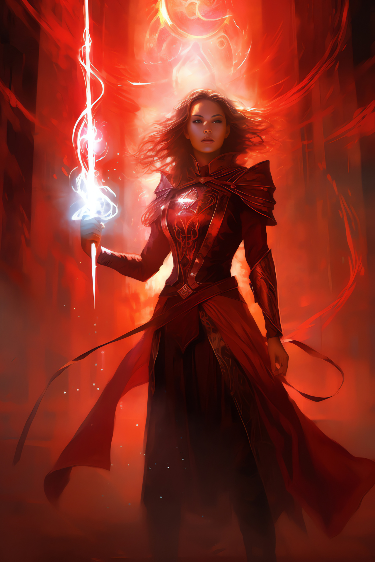 MTG Elspeth Tirel prowess, Sword and valor, Fighter with clarity, Red battle backdrop, Card game imagery, HD Phone Image