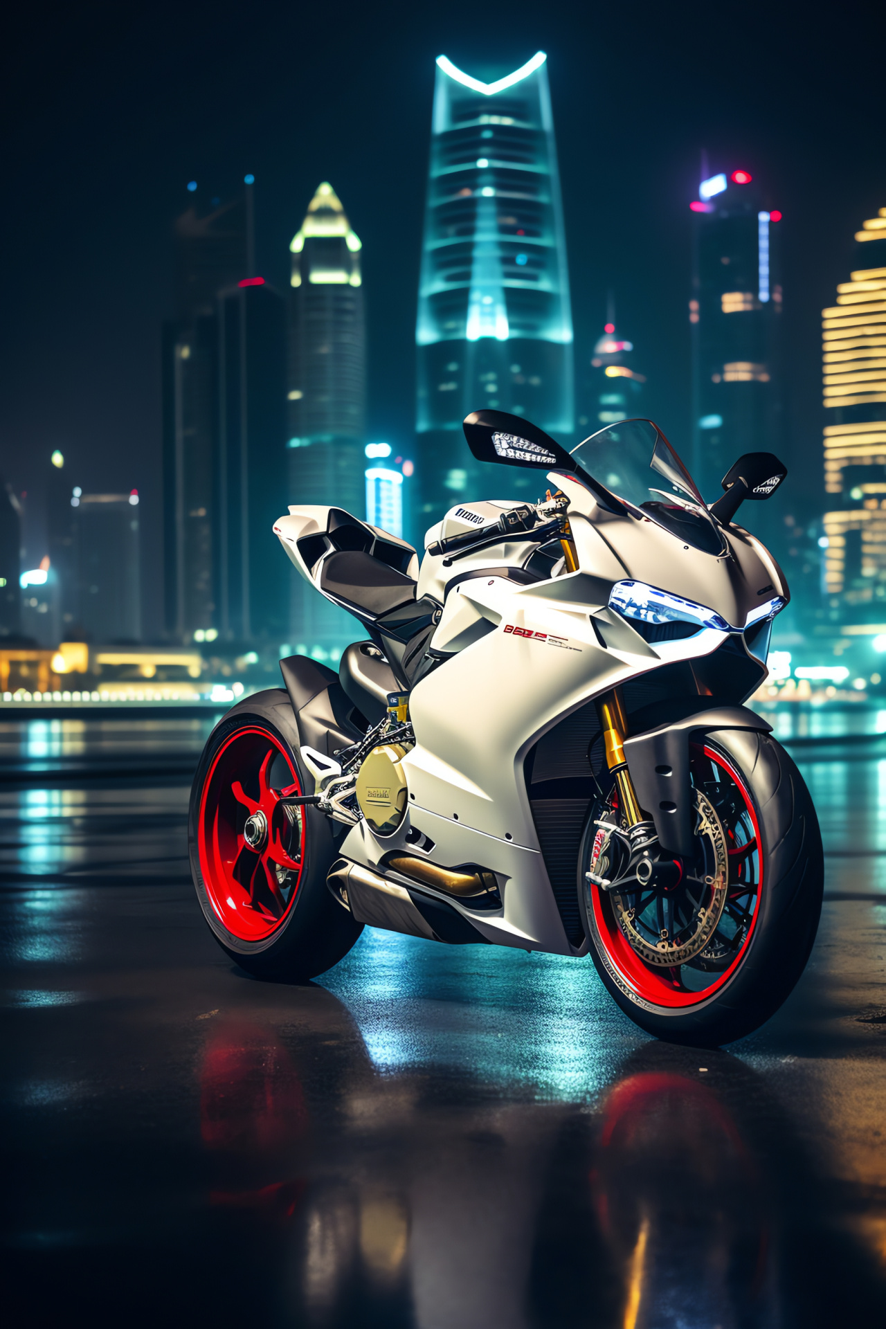 Ducati 1299 Panigale S, Anniversary edition, Dubai urban scene, Glowing ambiance, Architectural skyline, HD Phone Wallpaper