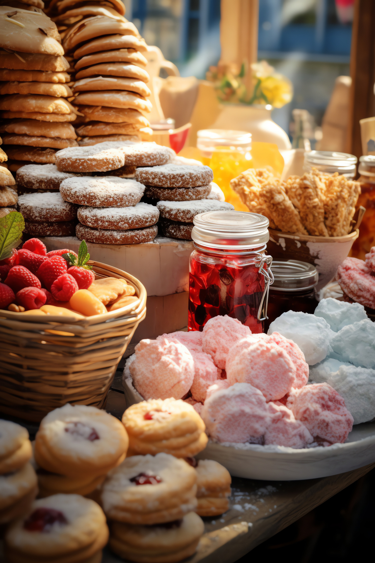 Farmer's market sweets, Cotton candy, Assorted cookies, Artisanal fruit spreads, Appetizing confections, HD Phone Wallpaper