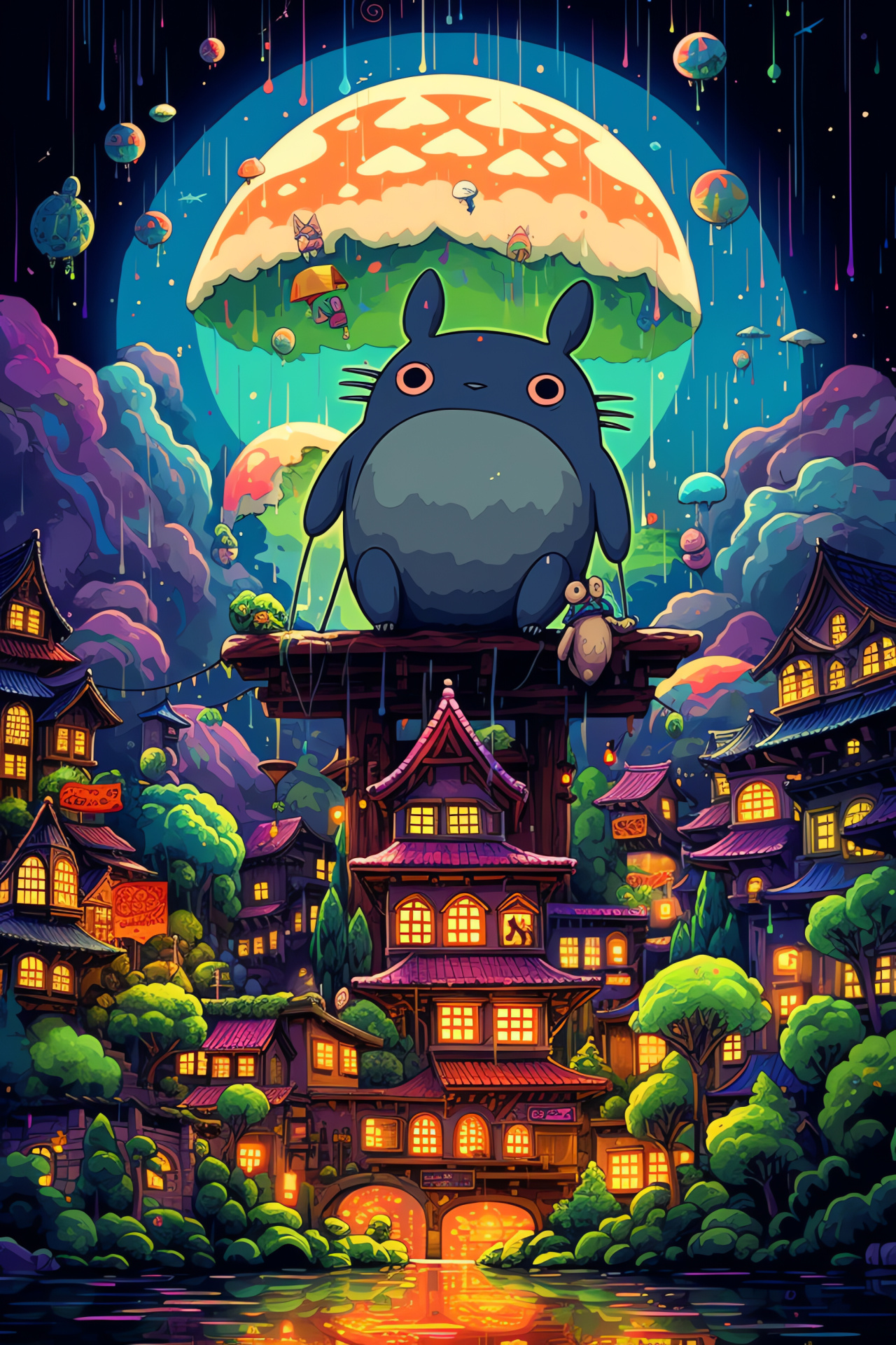 Totoro with siblings, whimsical anime creatures, protective umbrella element, bustling city environment, rain scene, HD Phone Wallpaper