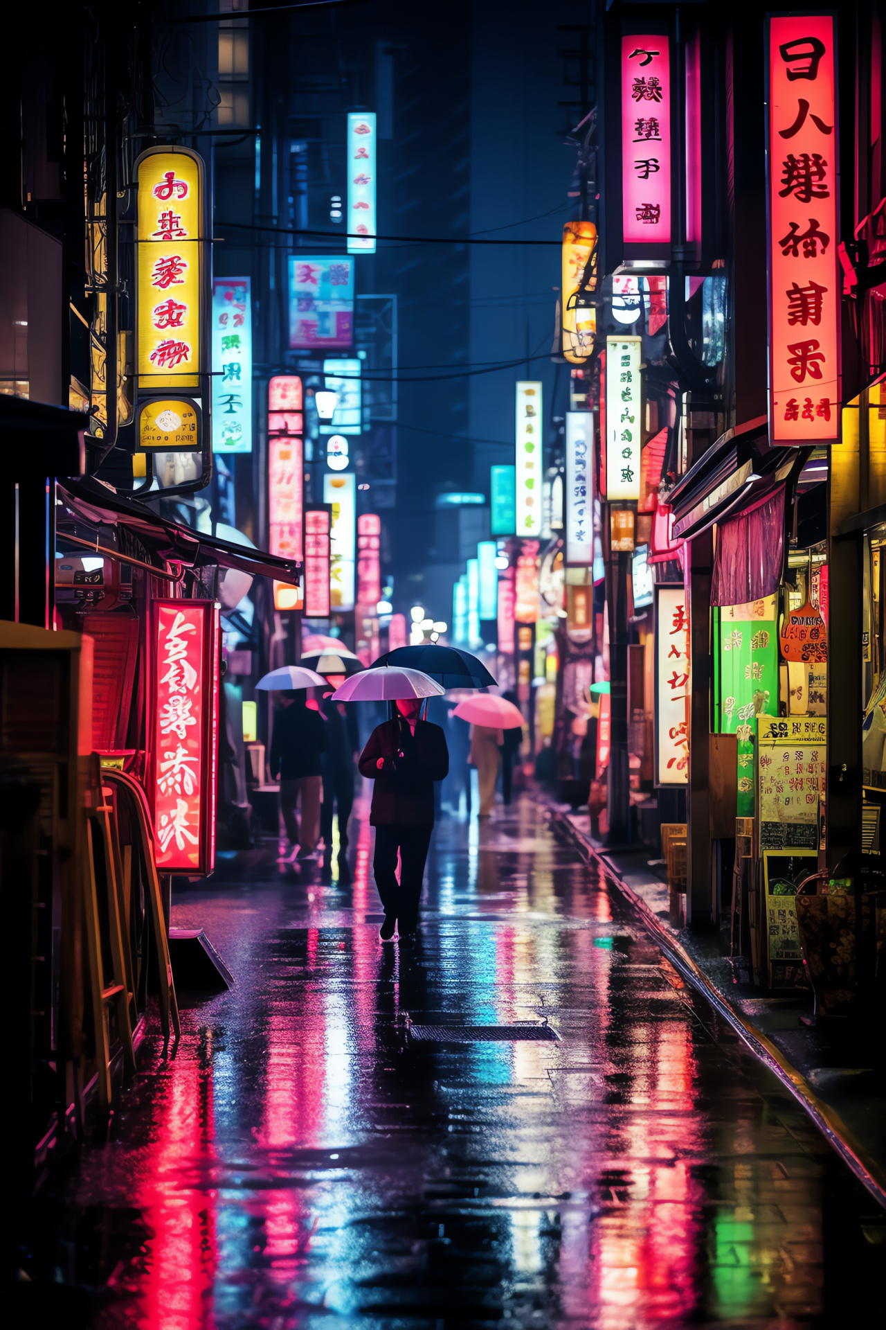 Tokyo city weather, urban shower scene, neon glow amid rain, busy street life, joyful pedestrian moments, HD Phone Wallpaper