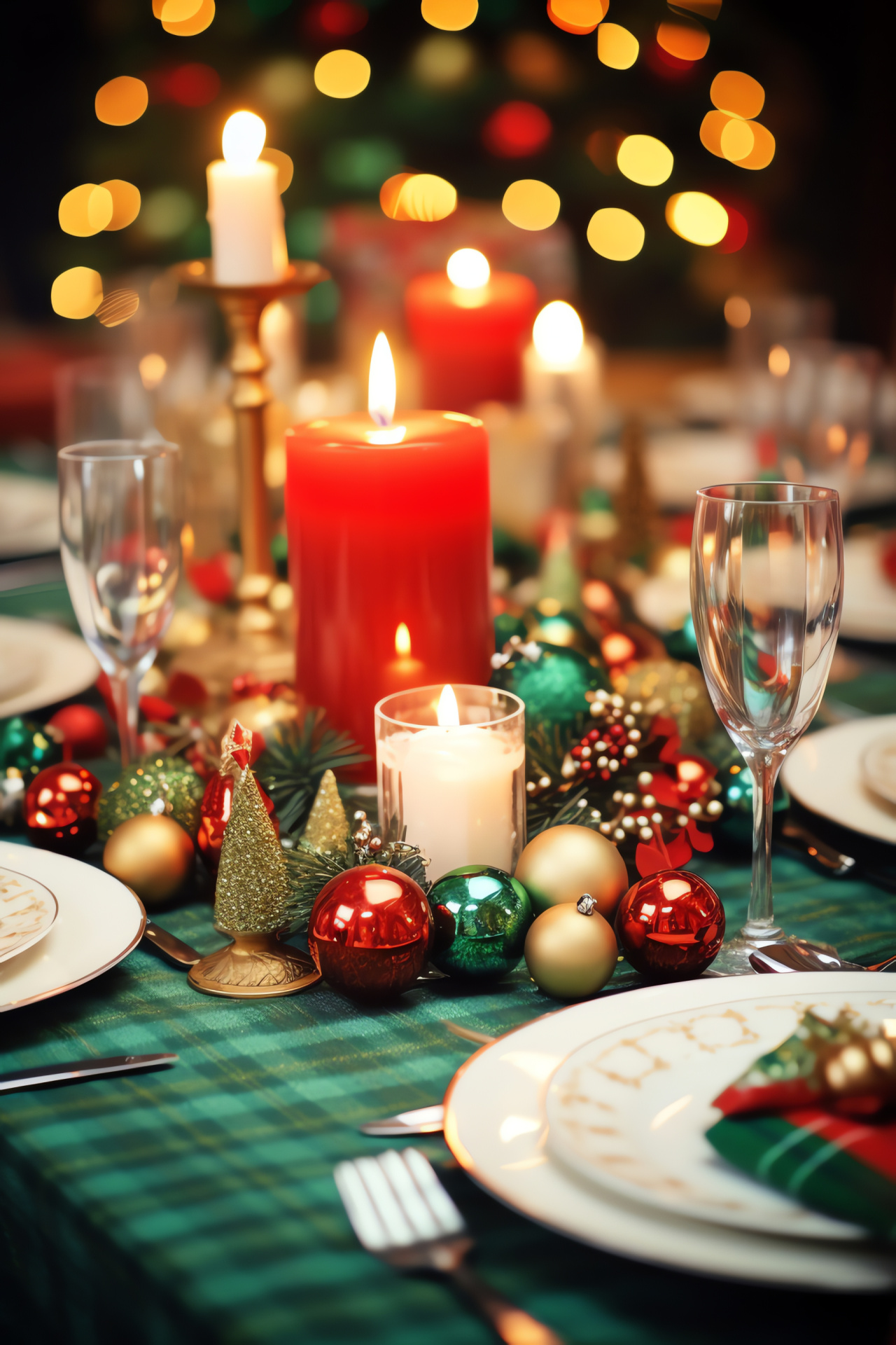 Christmas dining decor, holiday table setting, traditional festive ornamentation, celebrative candle lights, crackers for festivities, HD Phone Wallpaper