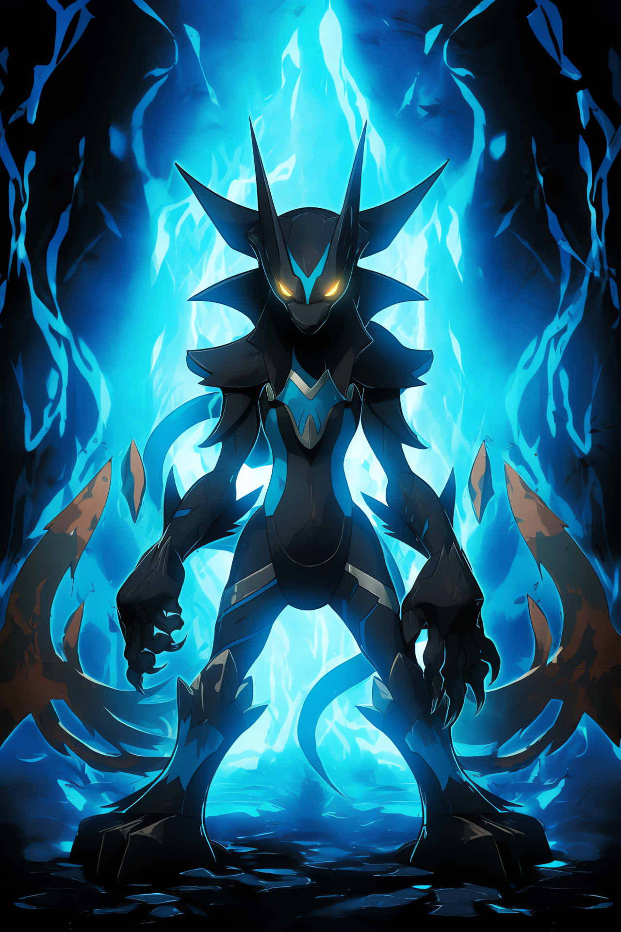 Lucario with red eyes, Pokemon duel stance, Clenched fists aura, Tri-color pattern background, Fighting Steel, HD Phone Wallpaper